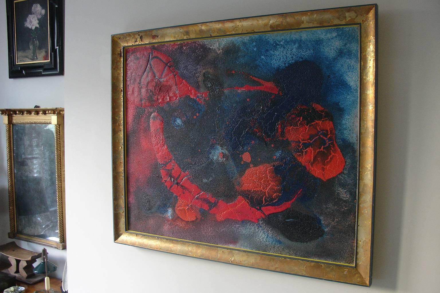 A stunning mixed-media and oil abstract painting on canvas. Indistinctly signed Pillon, French, late 20th century. In original gilded frame.