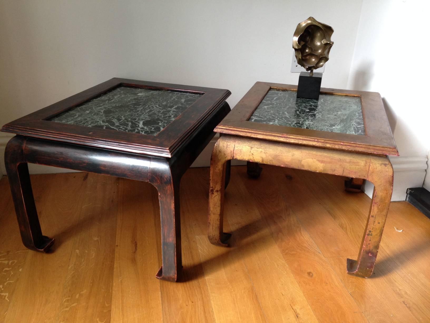 Beaux Arts Pair of Laquered Wood and Marble Side Tables Bouts de Canape, French, circa 1940 For Sale