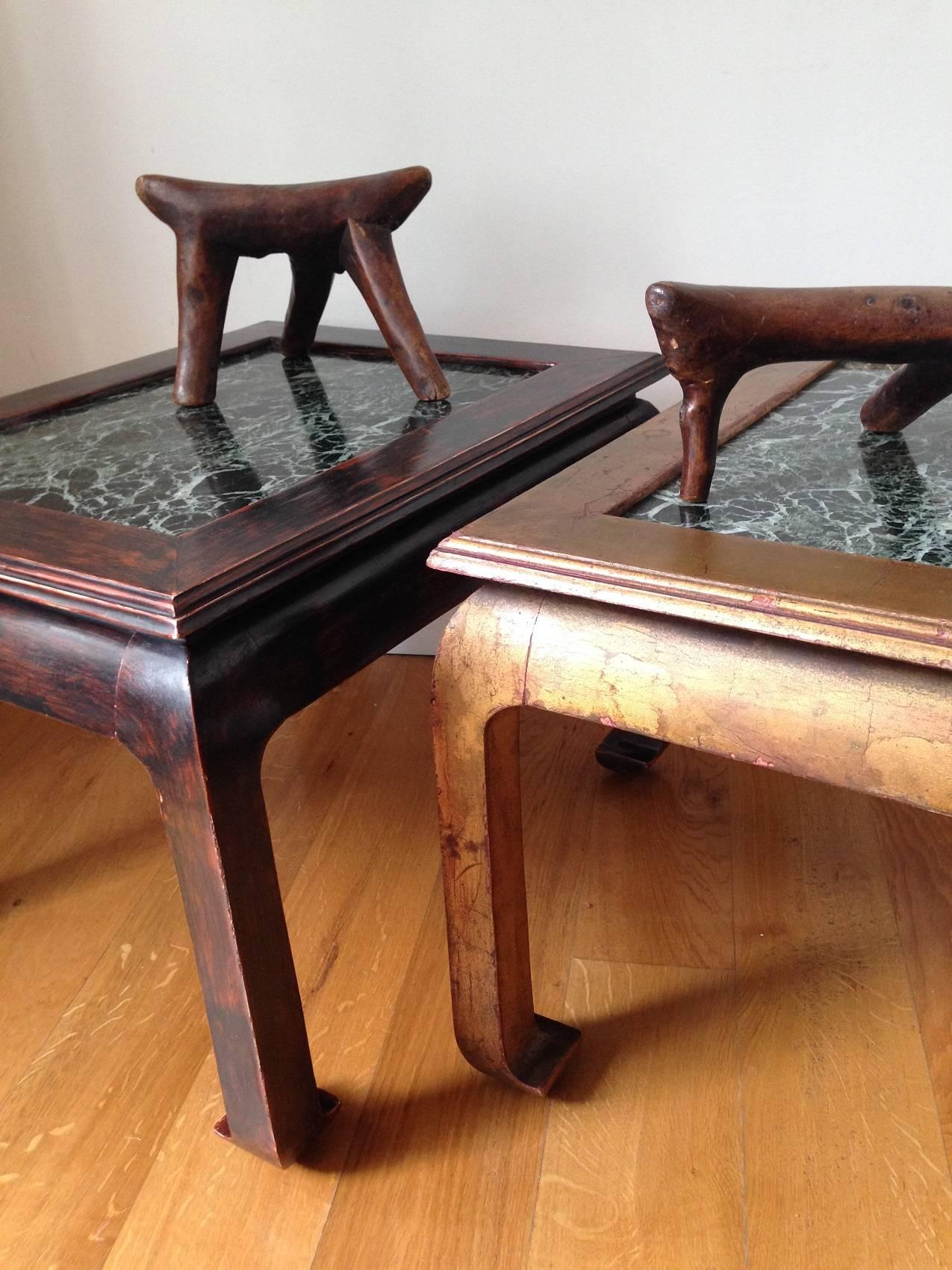 Pair of Laquered Wood and Marble Side Tables Bouts de Canape, French, circa 1940 In Fair Condition For Sale In London, GB