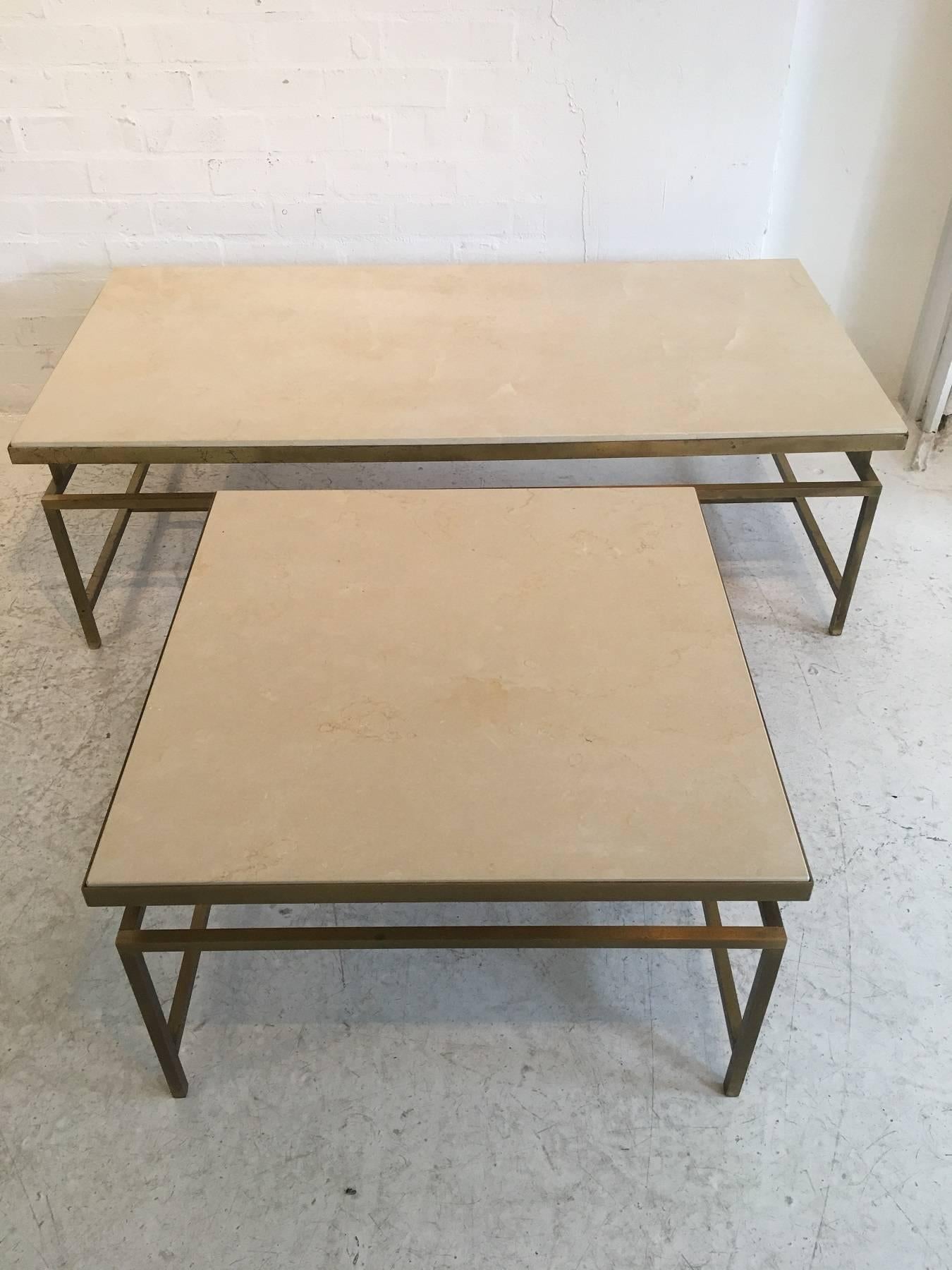 Patinated Set of Side Table and Matching Coffee Table Gilt Metal and Stone, circa 1970 For Sale