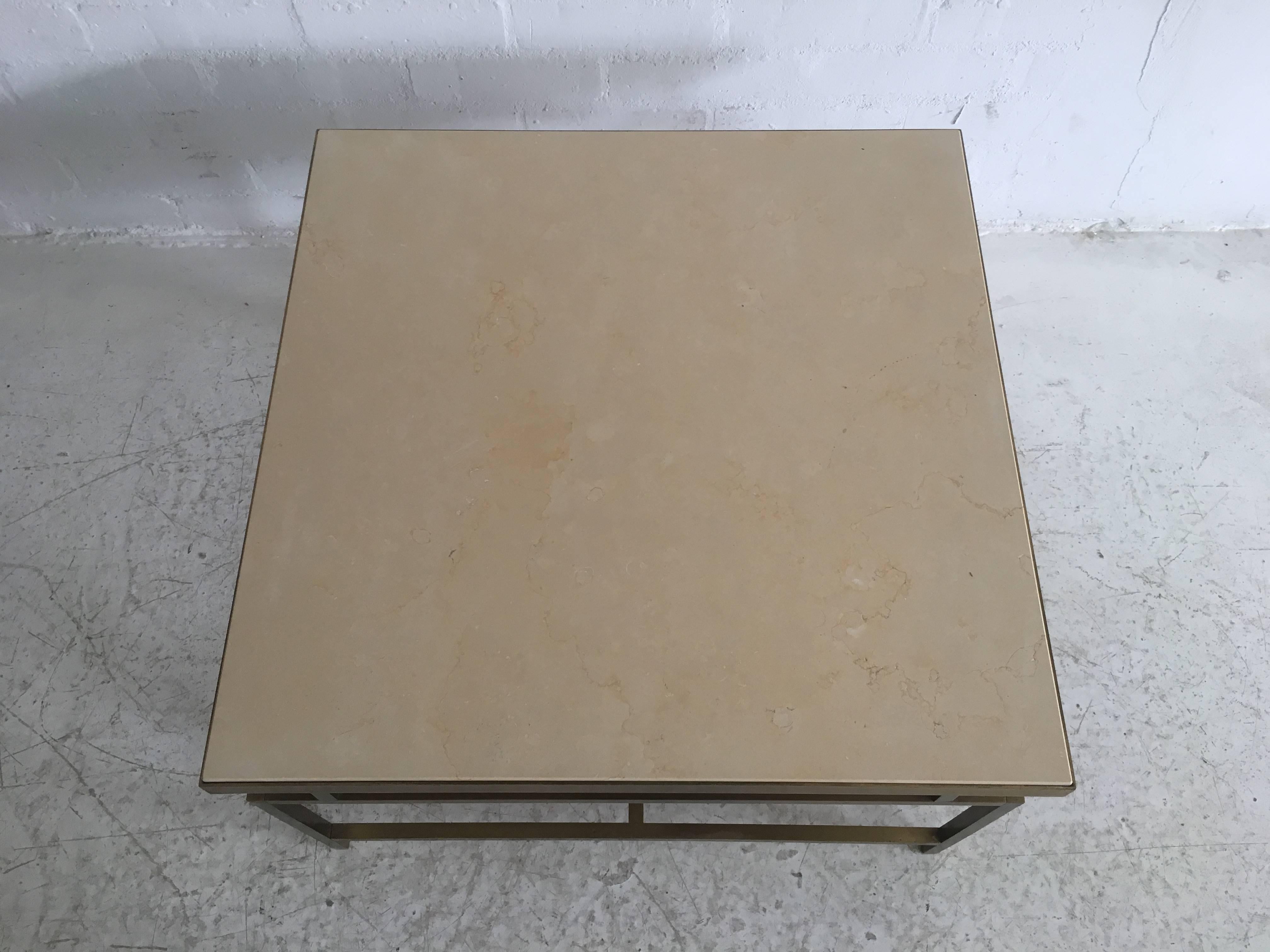Brass Set of Side Table and Matching Coffee Table Gilt Metal and Stone, circa 1970 For Sale