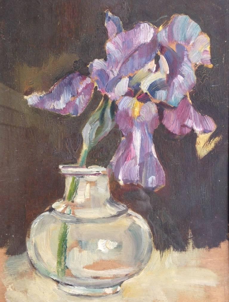 A wonderful small oil on board painting of an purple Iris in a vase by Gérard Albouy. Signed verso. The painting has a green mount and is underglaze with a simple wooden frame.
Albouy was as well as an artist, a milliner, renowned in Parisian