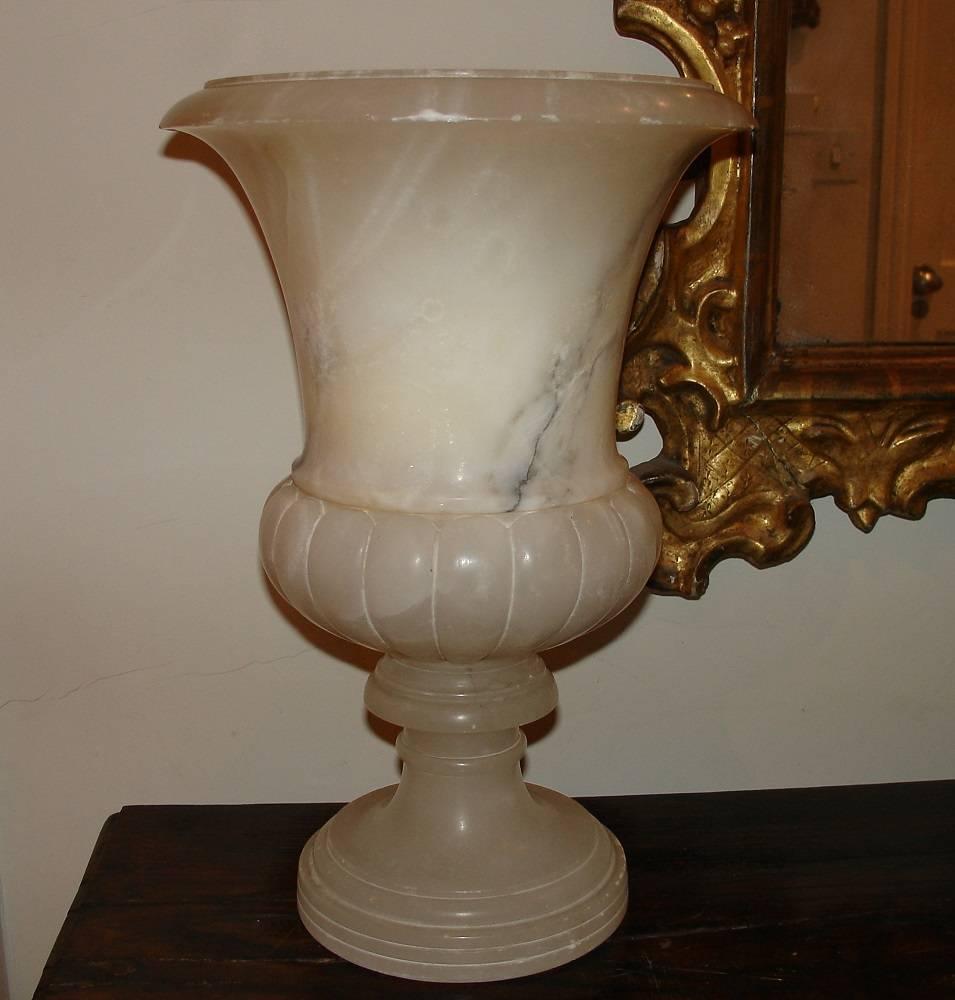 Carved Pair of Marble Alabaster Lamp Urns