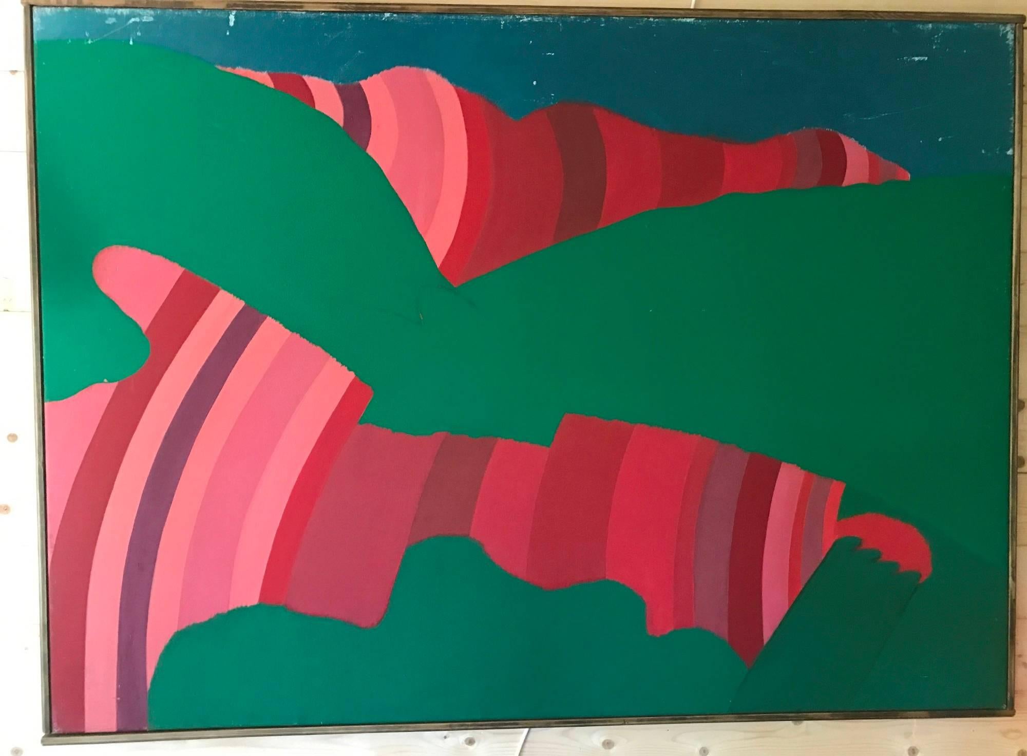 A large colourful and striking colourful abstract. Oil or acrylic on canvas, signed verso Heath on the stretcher. Some surface scratches to the paint but otherwise in good condition. Simply framed.