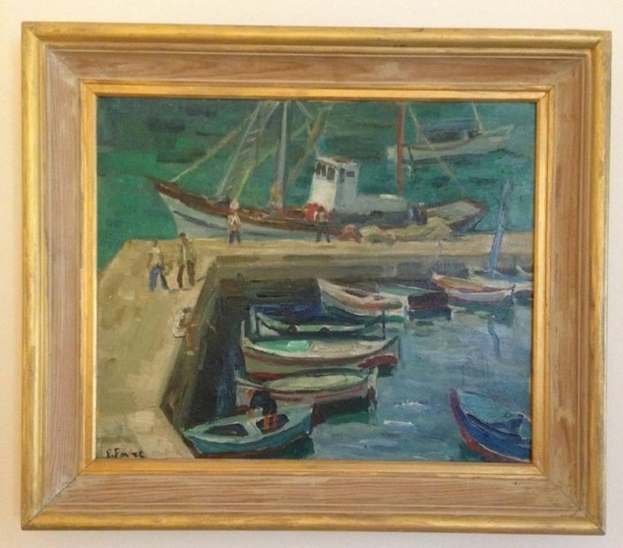 A vibrant and joyful small oil on canvas depicting a French port, most probably in the South France. Signed Pierre Favre 1906-1983. Benezit. Born in Paris. Studied at the Ecole Nationale des Arts Deco. Member of the Societe des Artistes Independents