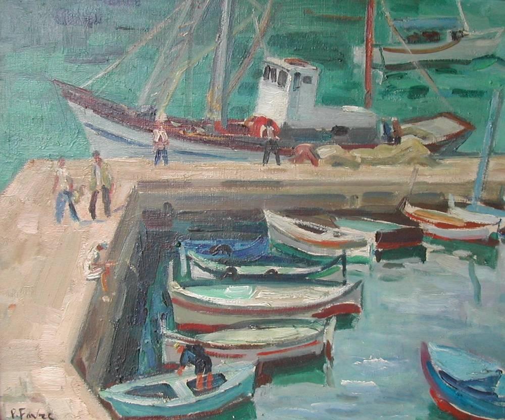 Small French Port Painting by Pierre Favre, 1906-1983 In Good Condition For Sale In London, GB