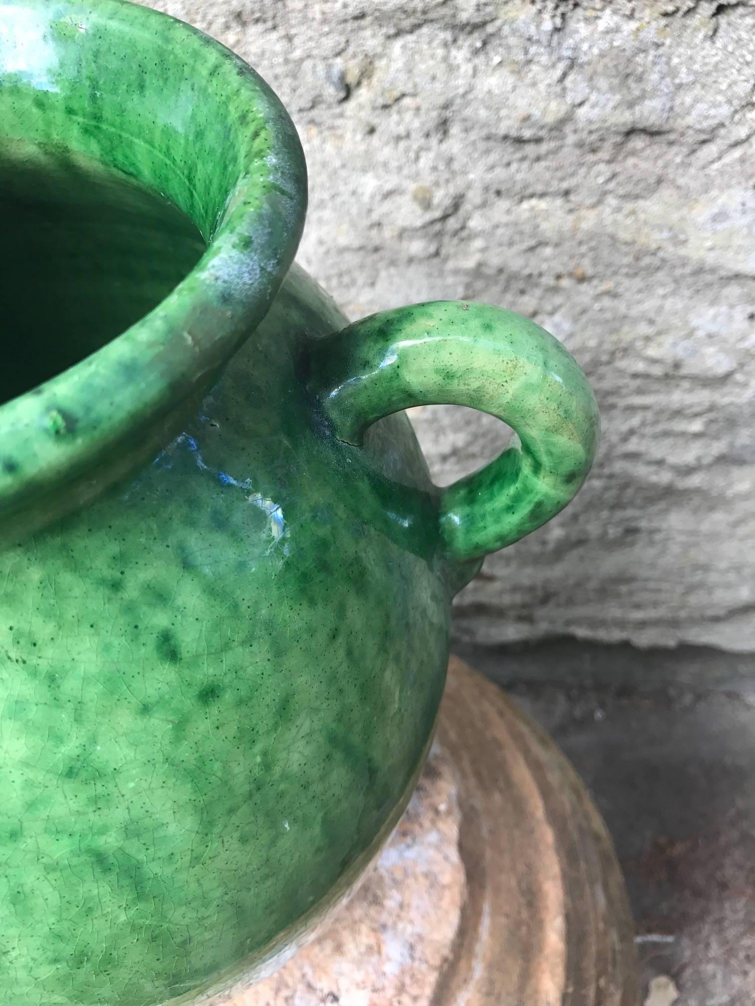 French Tall Green Glazed Ceramic Vase Signed Biot