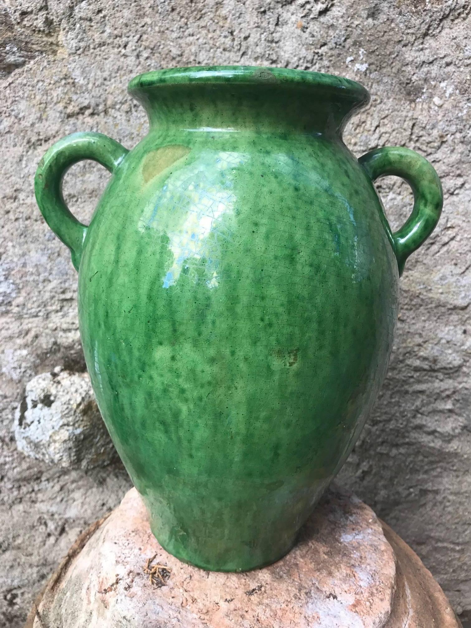 Tall Green Glazed Ceramic Vase Signed Biot In Good Condition In London, GB