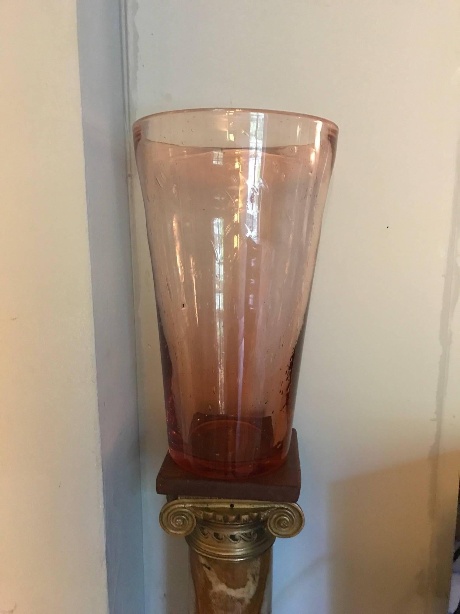 Glass 1960s French Large Pink Bubble Biot Style Vase For Sale