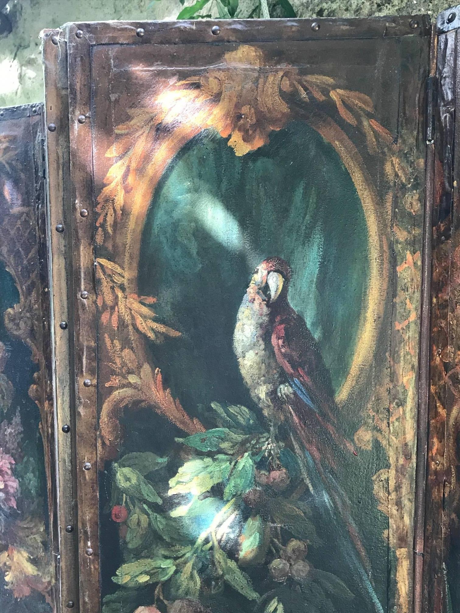 French Early 19th Century Leather Painted Screen with Birds and Foliage For Sale