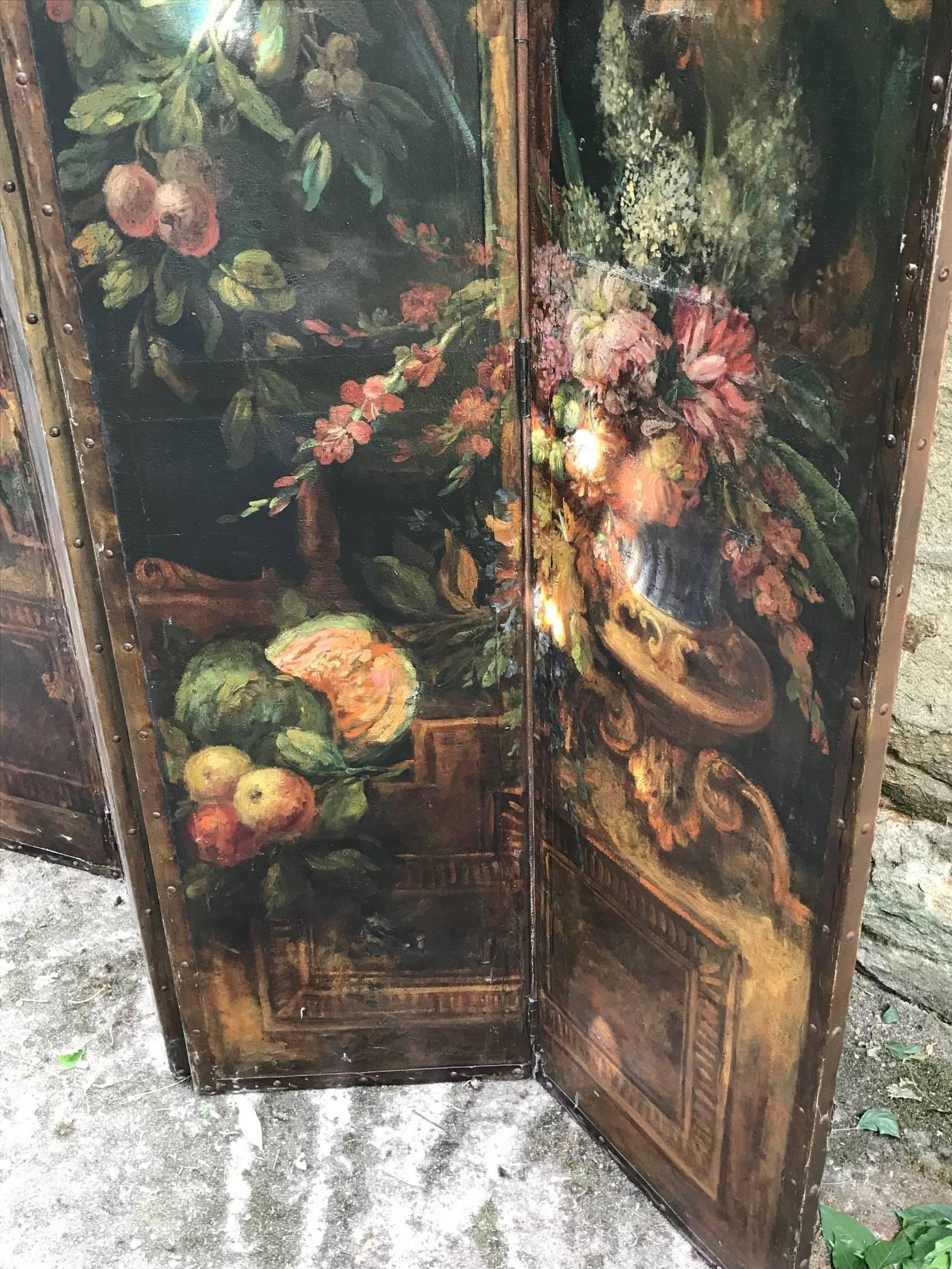 Early 19th Century Leather Painted Screen with Birds and Foliage For Sale 3