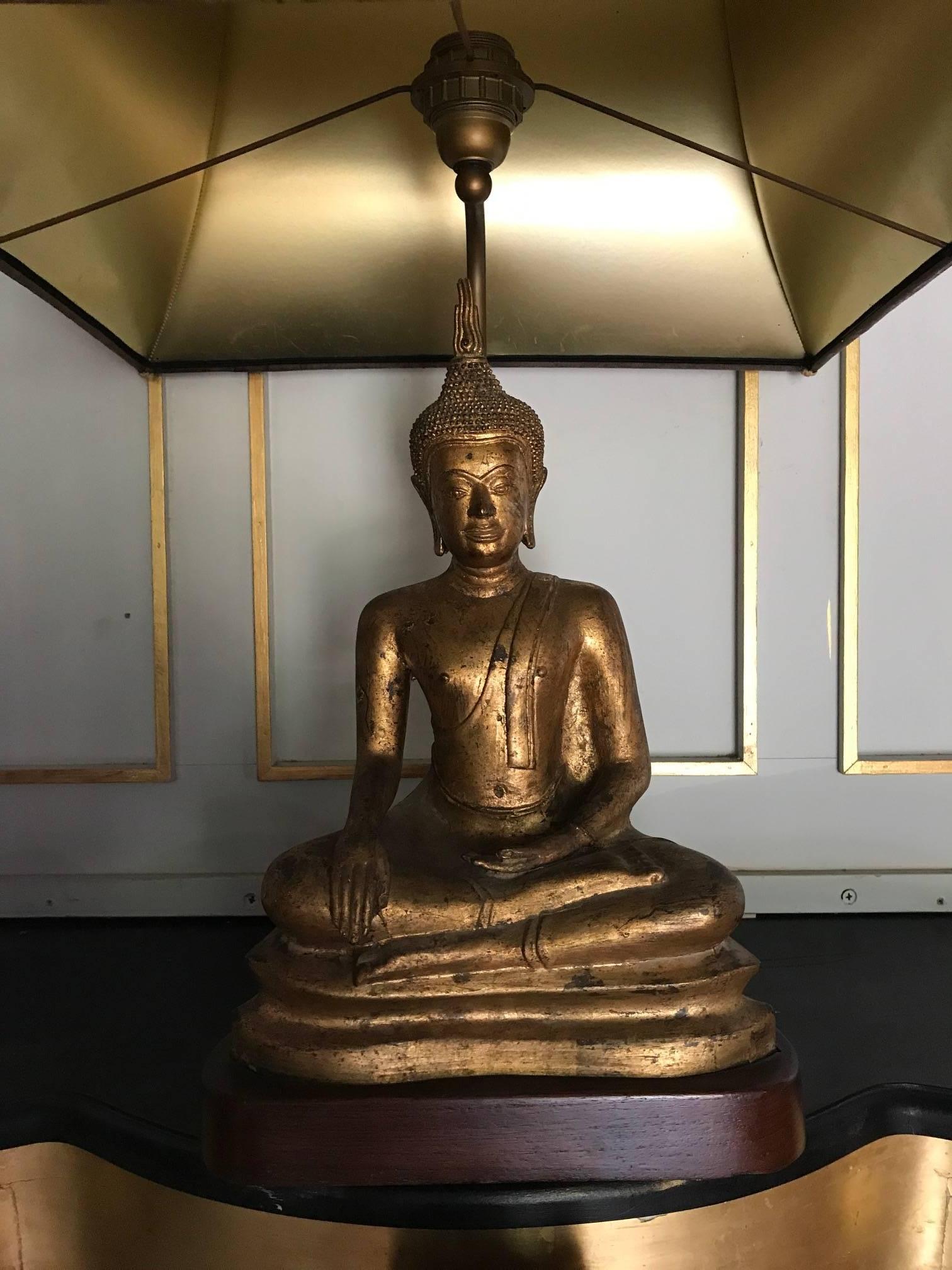 Mid-Century Modern Gilded Tall Metal French, 1970s Buddha Lamp Original Shade For Sale