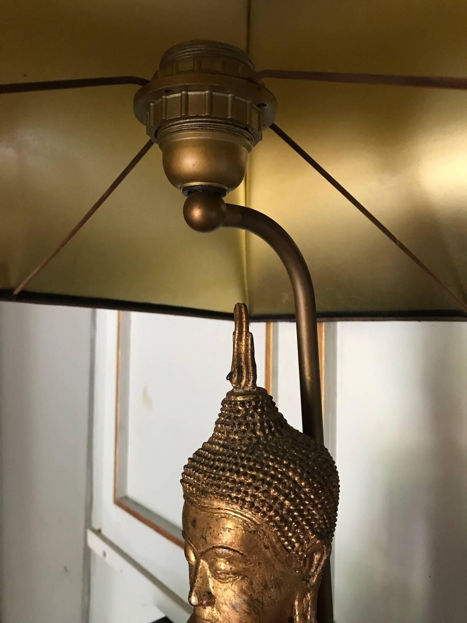 Gilded Tall Metal French, 1970s Buddha Lamp Original Shade In Good Condition For Sale In London, GB