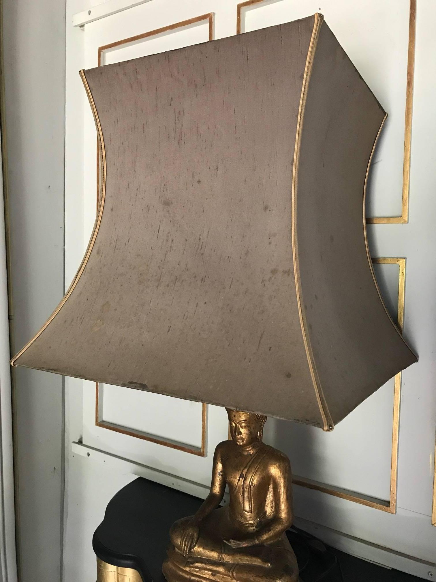Gilded Tall Metal French, 1970s Buddha Lamp Original Shade For Sale 1