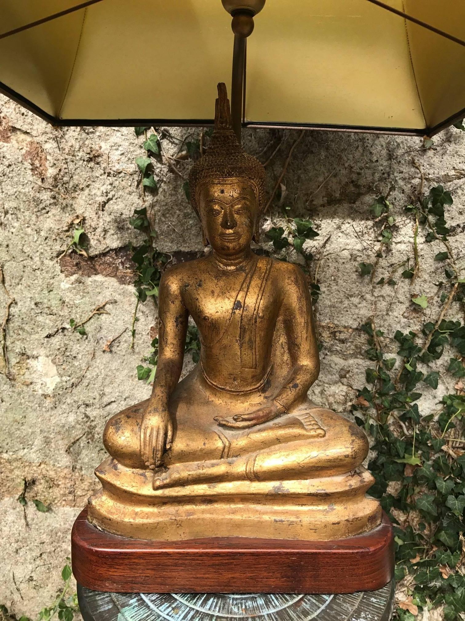 Gilded Tall Metal French, 1970s Buddha Lamp Original Shade For Sale 2