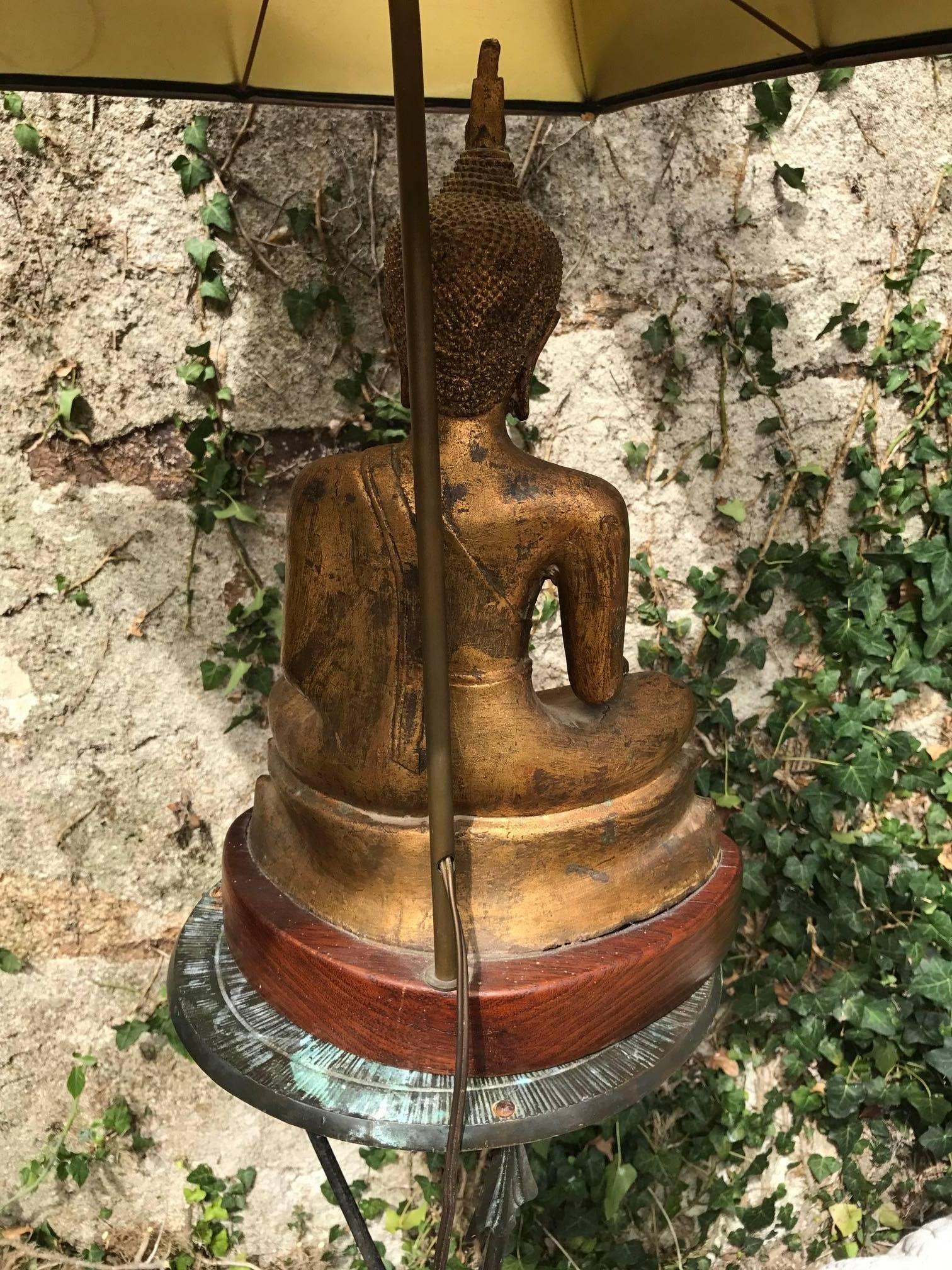 Gilded Tall Metal French, 1970s Buddha Lamp Original Shade For Sale 3