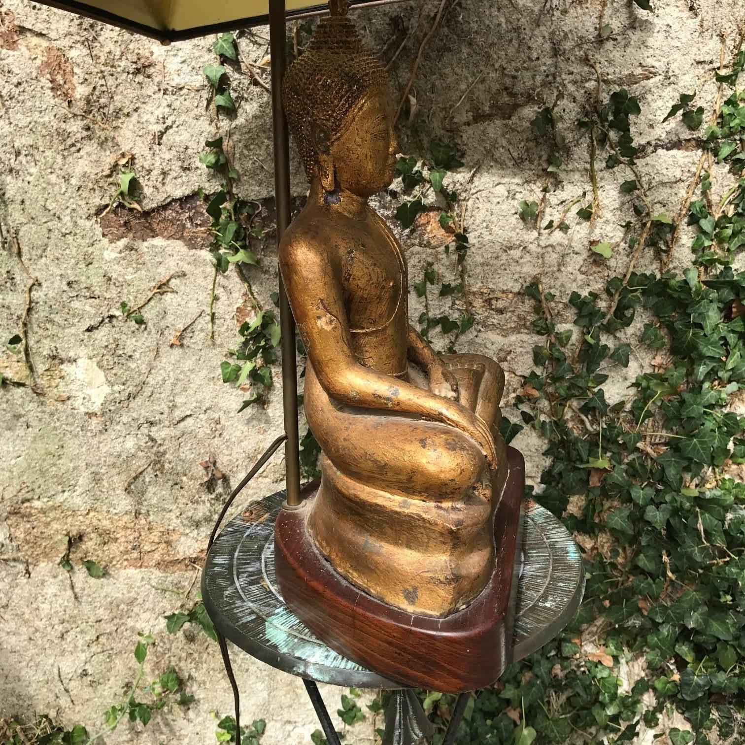 Gilded Tall Metal French, 1970s Buddha Lamp Original Shade For Sale 4