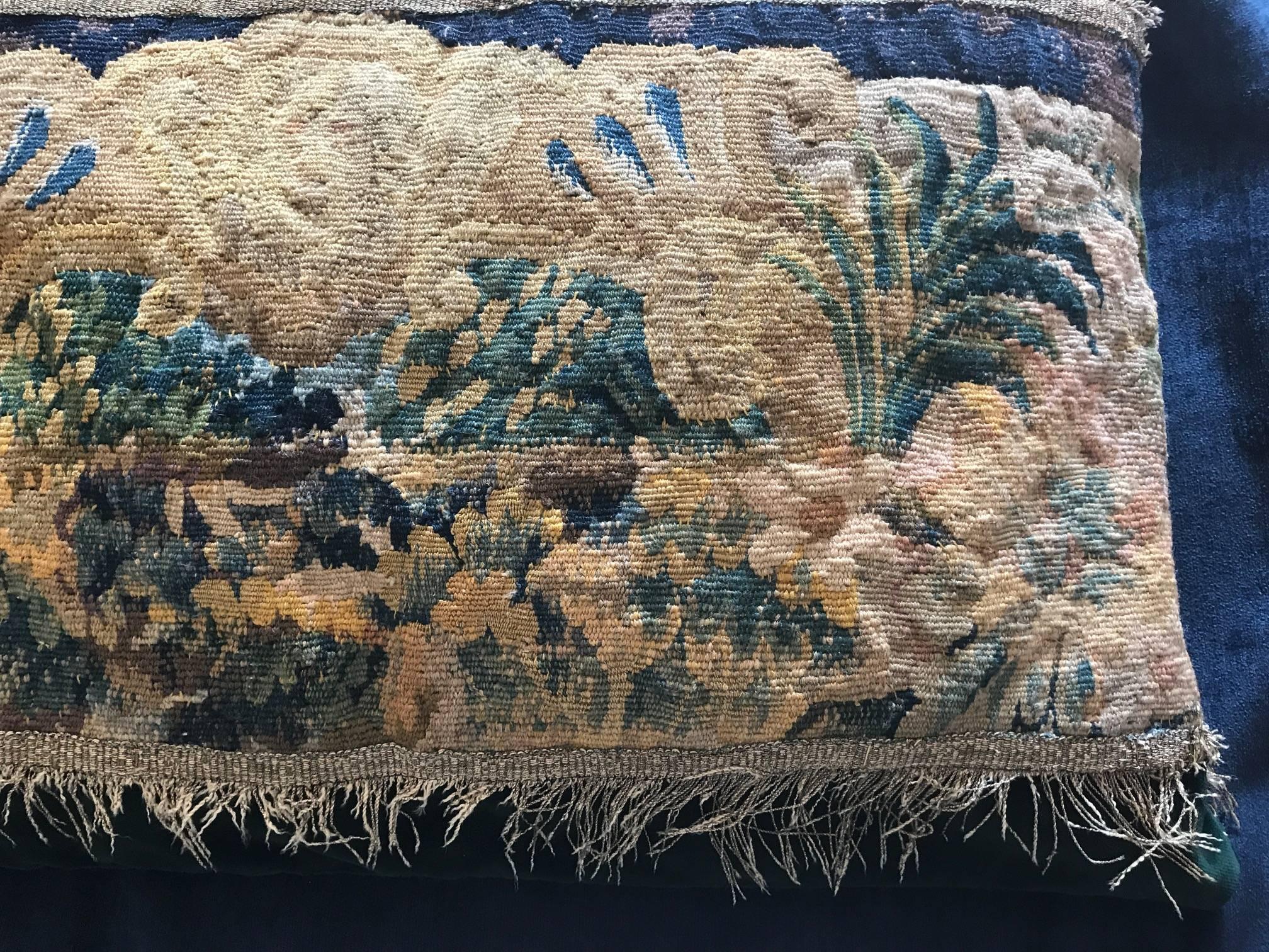 Velvet Set of Three Aubusson Tapestry Fragment Pillows or Cushions, French, circa 1780 For Sale