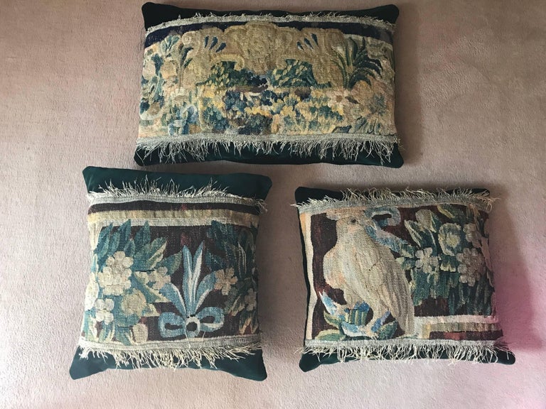 Set of Three Aubusson Tapestry Fragment Pillows or Cushions, French