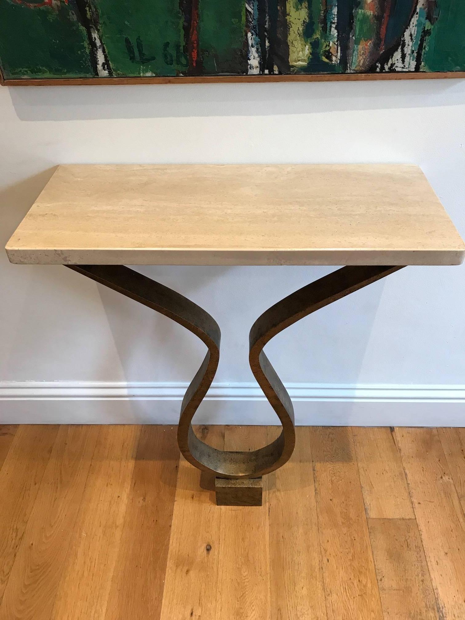 Contemporary Bespoke Bronzed Metal and Travertine Console Table In Excellent Condition In London, GB