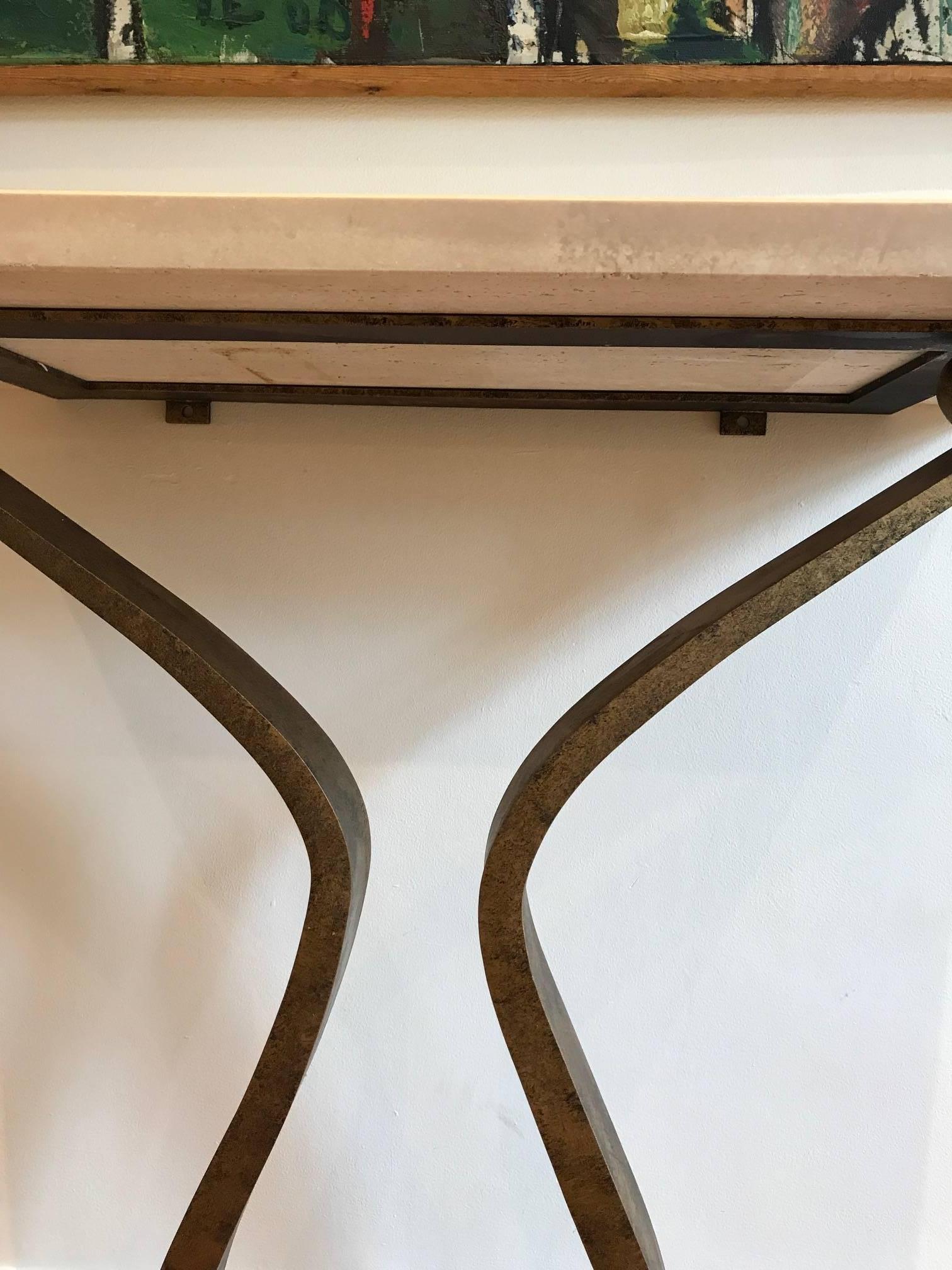 Contemporary Bespoke Bronzed Metal and Travertine Console Table 1
