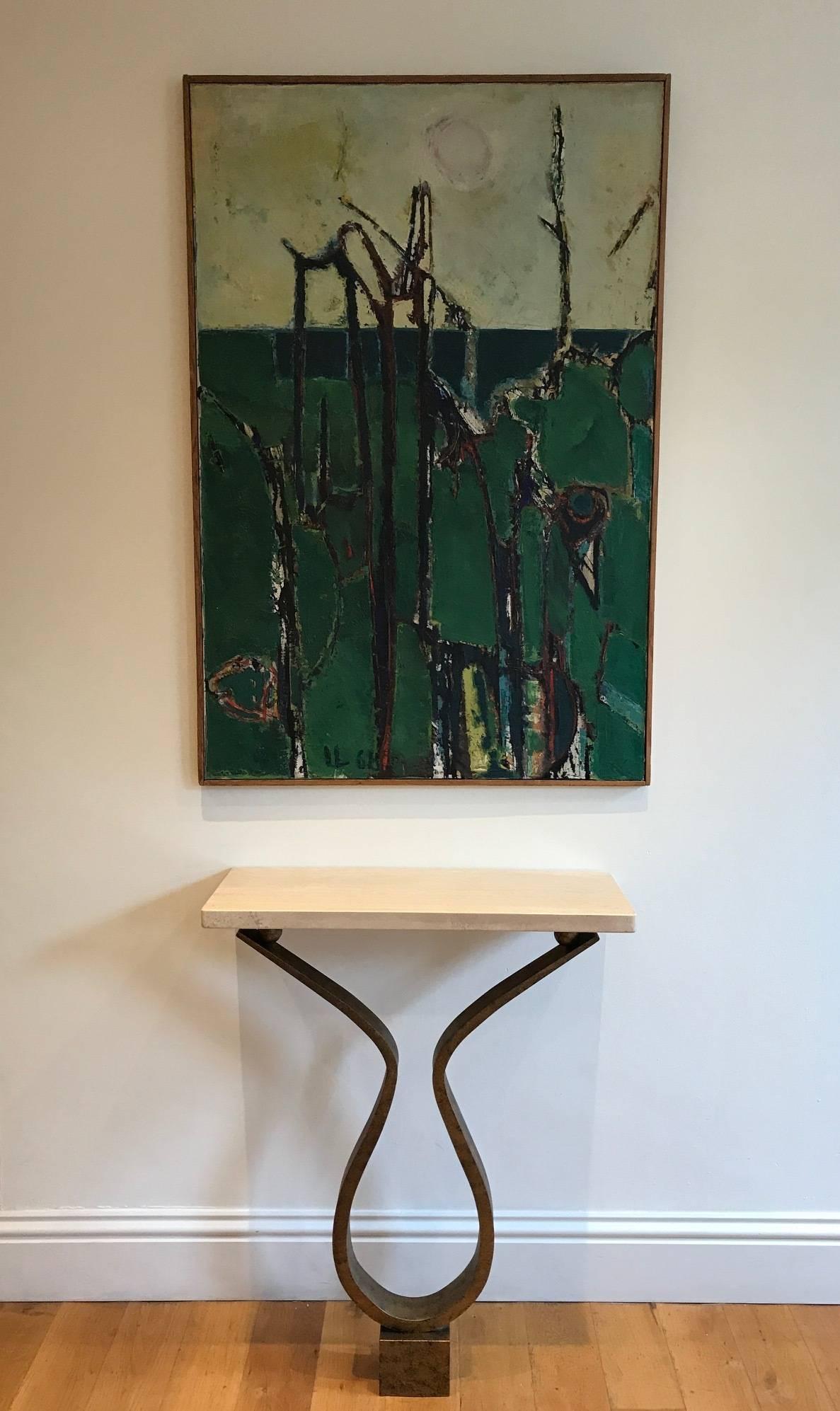 Modern Contemporary Bespoke Bronzed Metal and Travertine Console Table