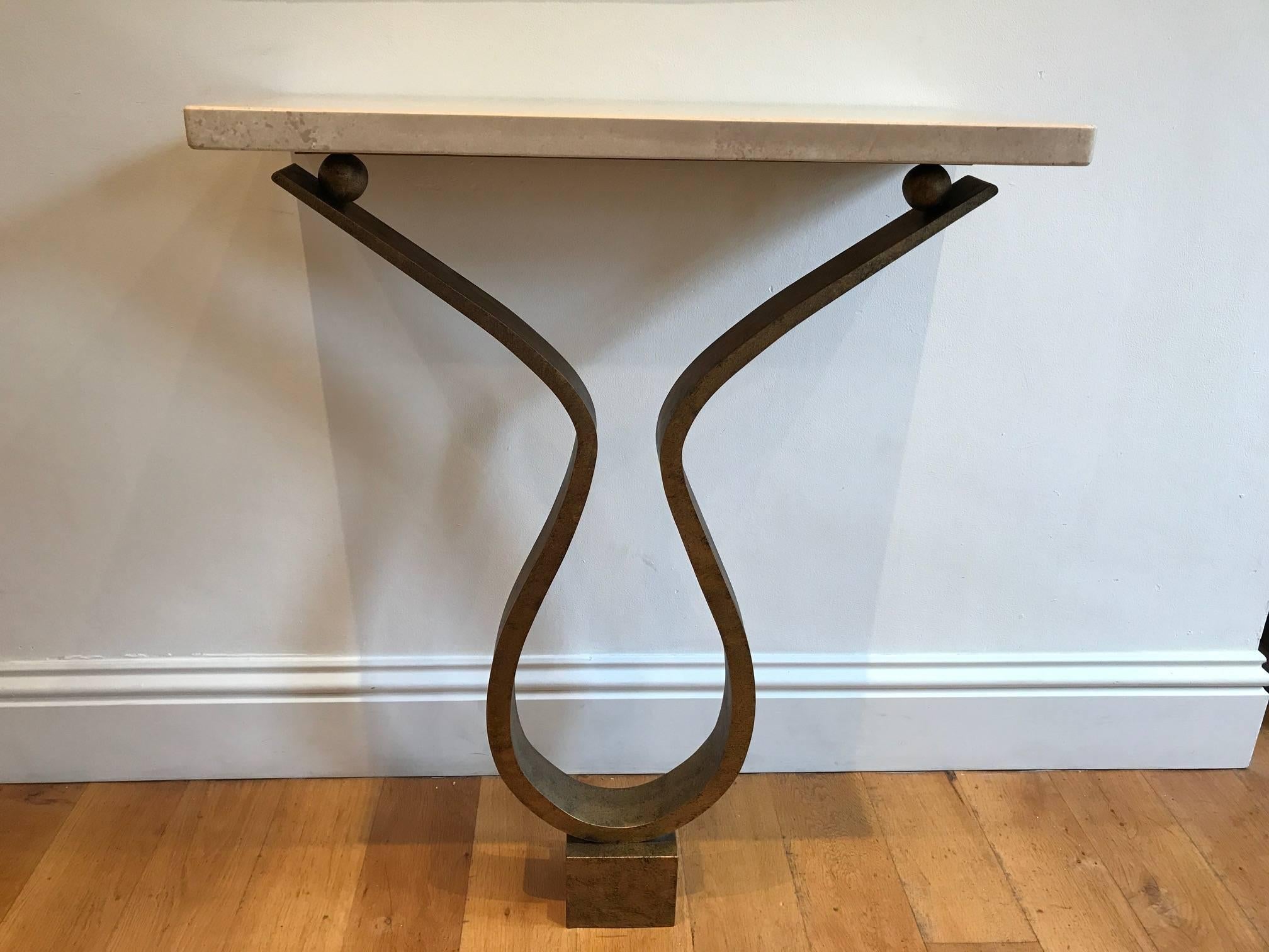 Contemporary Bespoke Bronzed Metal and Travertine Console Table 3