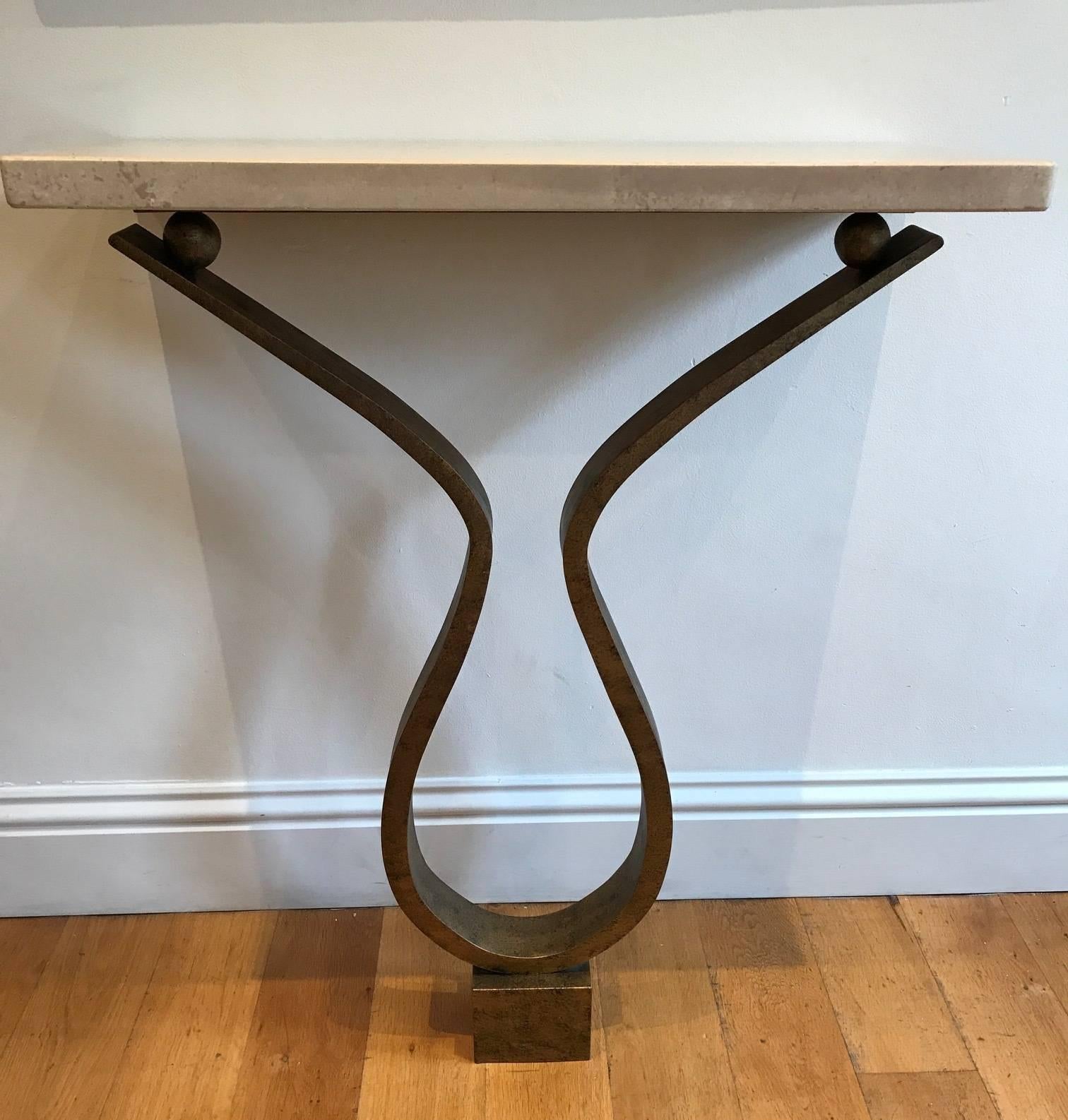 Contemporary Bespoke Bronzed Metal and Travertine Console Table 4