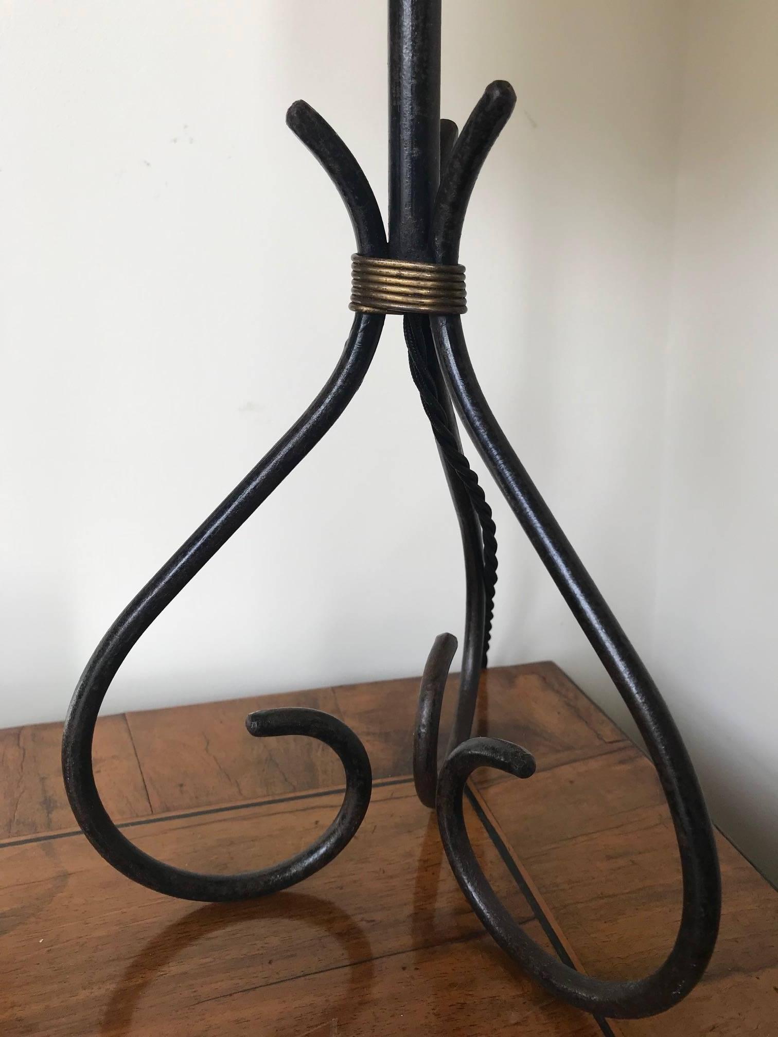 Mid-Century Modern Iron and Gilt Metal Table Lamp in the Manner of Jacques Adnet, French, 1950s