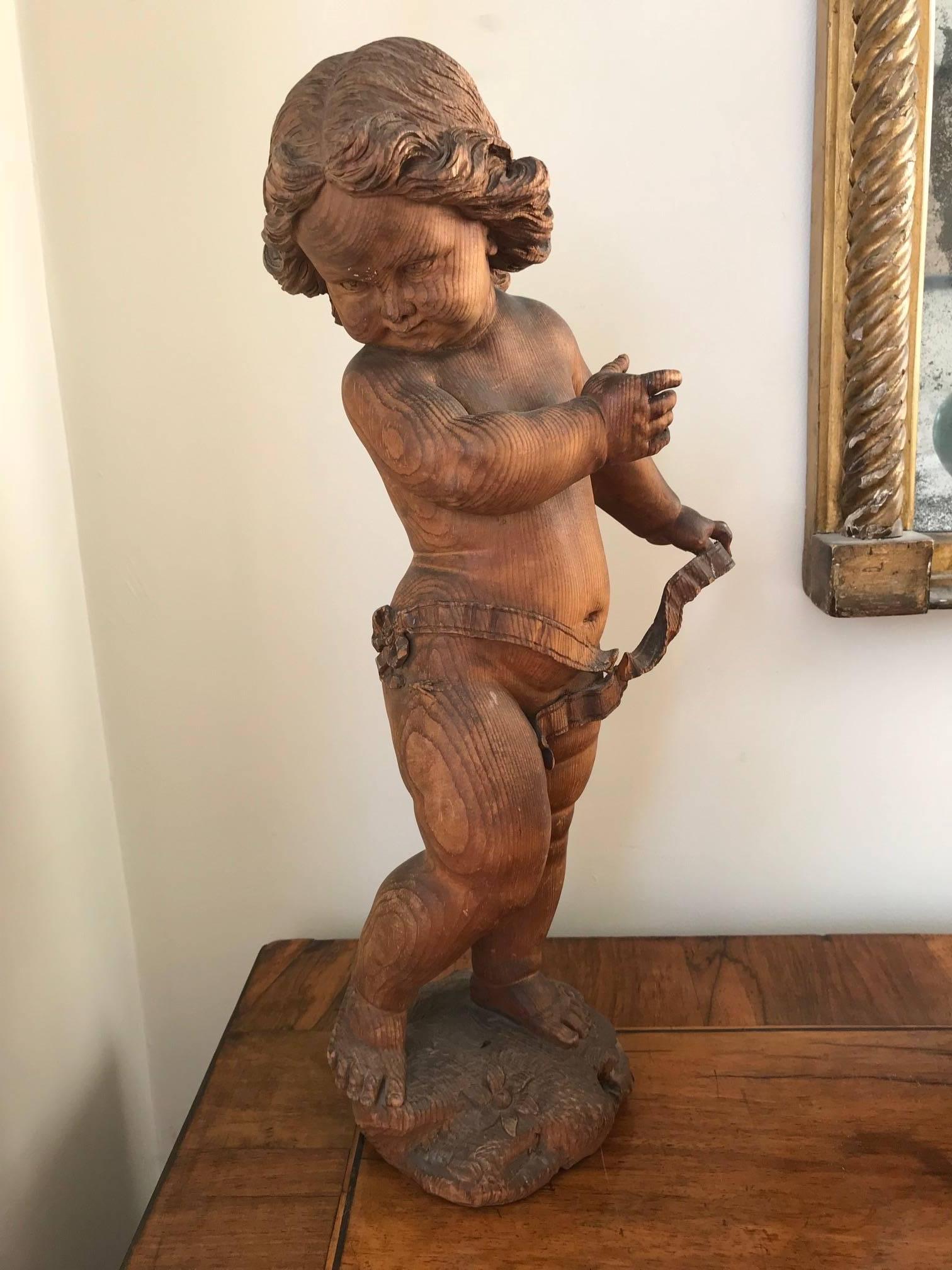 Italian 19th Century Pair of Putti Wooden Sculptures by Valentino Besarel Panciera Venic For Sale