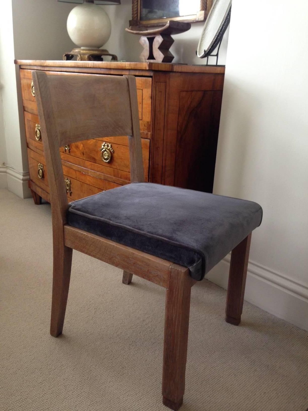 A good simple design French 1940s desk or side chair reminiscent of Pierre Chareau designs. Reupholstered in grey velvet.