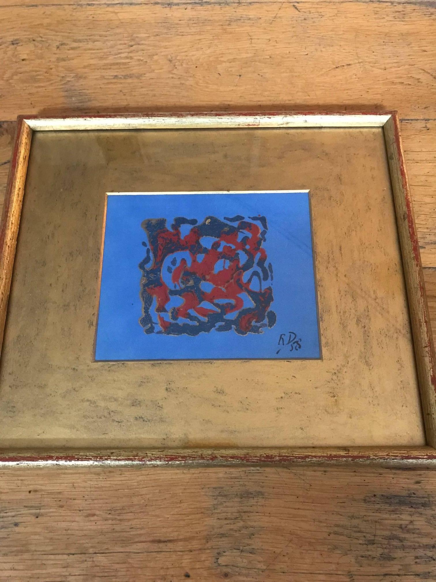 1950s French Small Mixed-Media Painting on Silk Framed and Underglaze 1