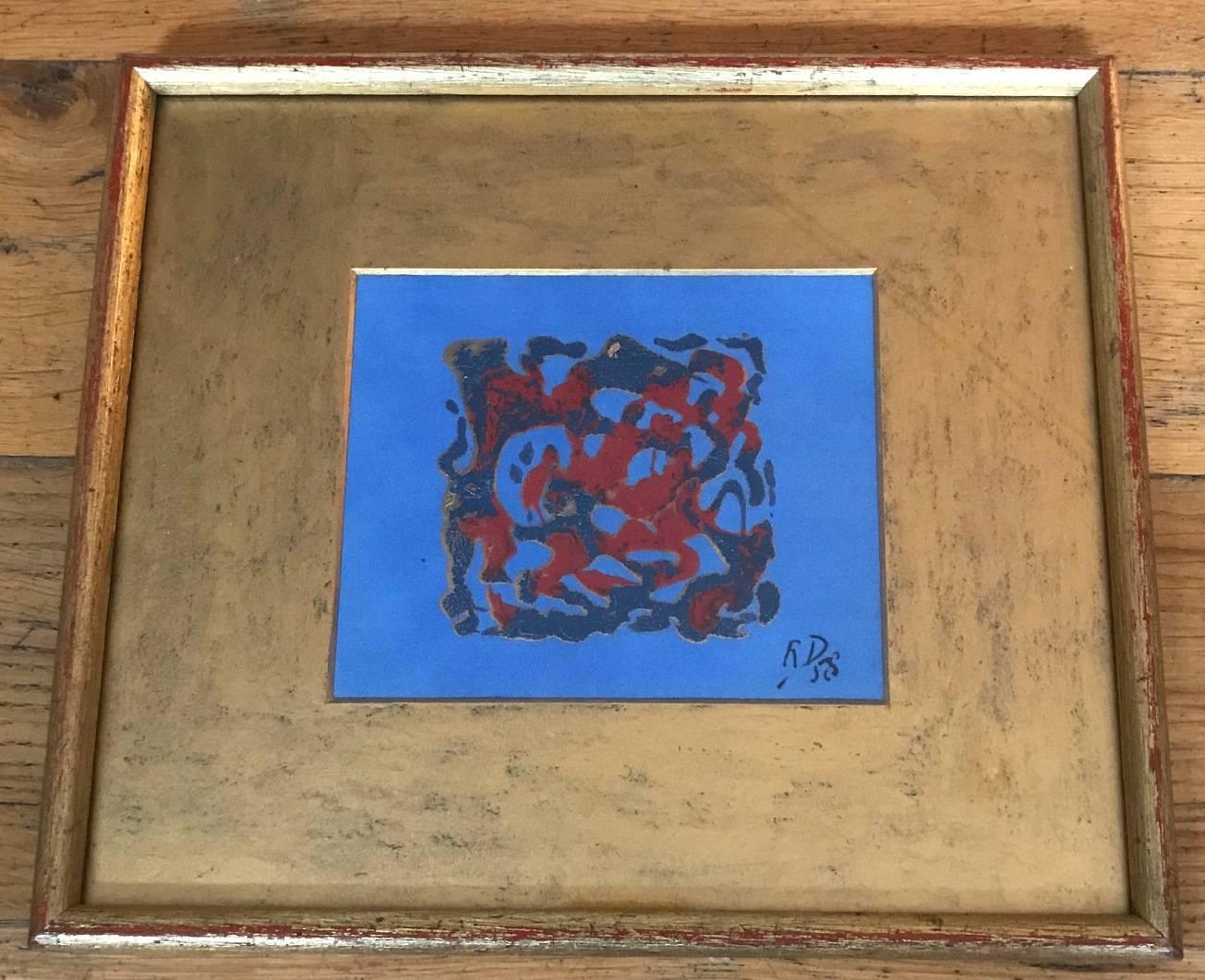 Hand-Painted 1950s French Small Mixed-Media Painting on Silk Framed and Underglaze