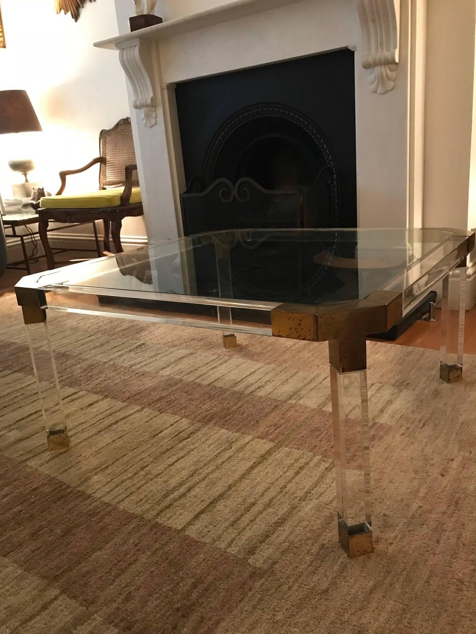 Lucite Perspex Glass Coffee Table, Hollywood Regency Style, French, circa 1970s 3