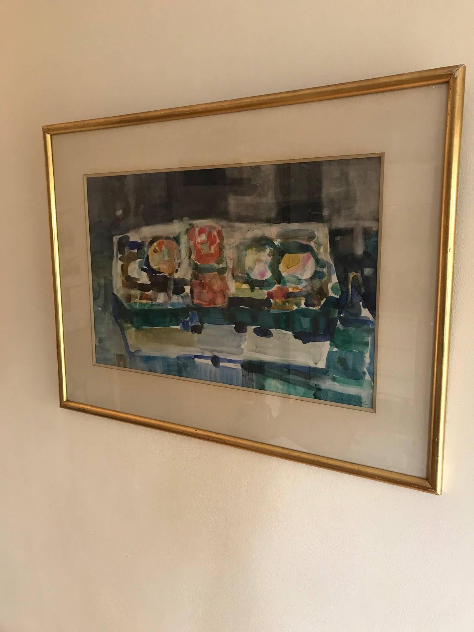 A vibrant, colouful gouache picture of a still life by the French 20th century artist Andre La Vernede, 1899-1971.  An artist from Montpelier, who painted all his life and who moved to Paris in 1939. He exhibited a group of his works at the Salon