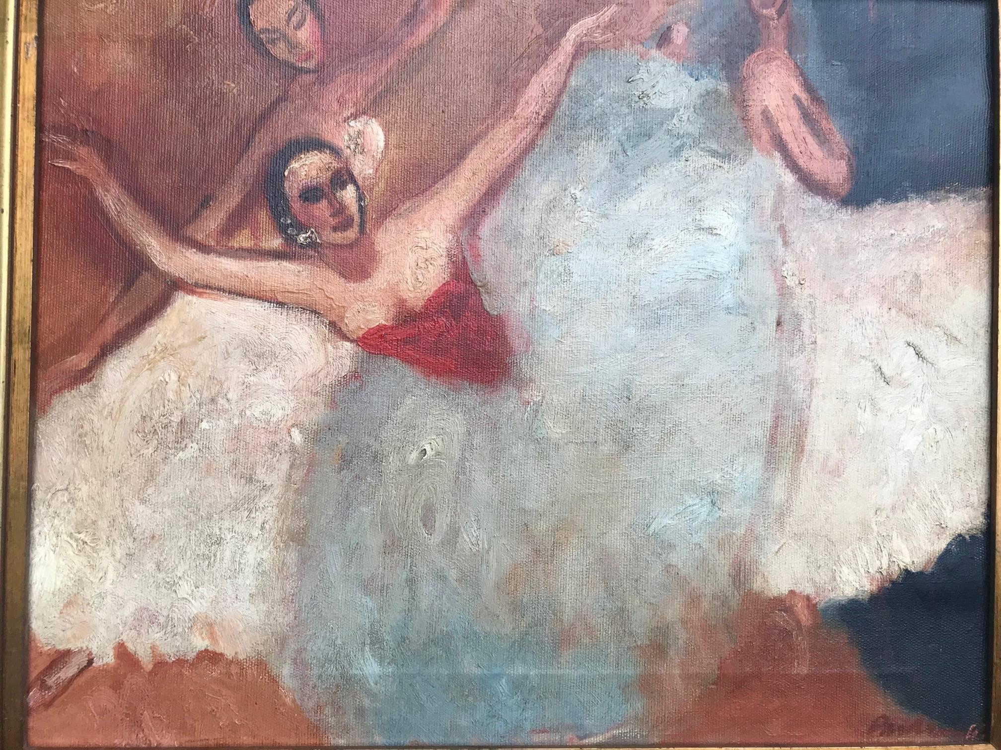 A very good example and rare oil on canvas of Ballerinas by the 20th century British artist Mary Audsley (1919-2008). Mary Audsley studied at Westminster School of Art, where she also taught for a while. Her teachers included Mark Gertler and