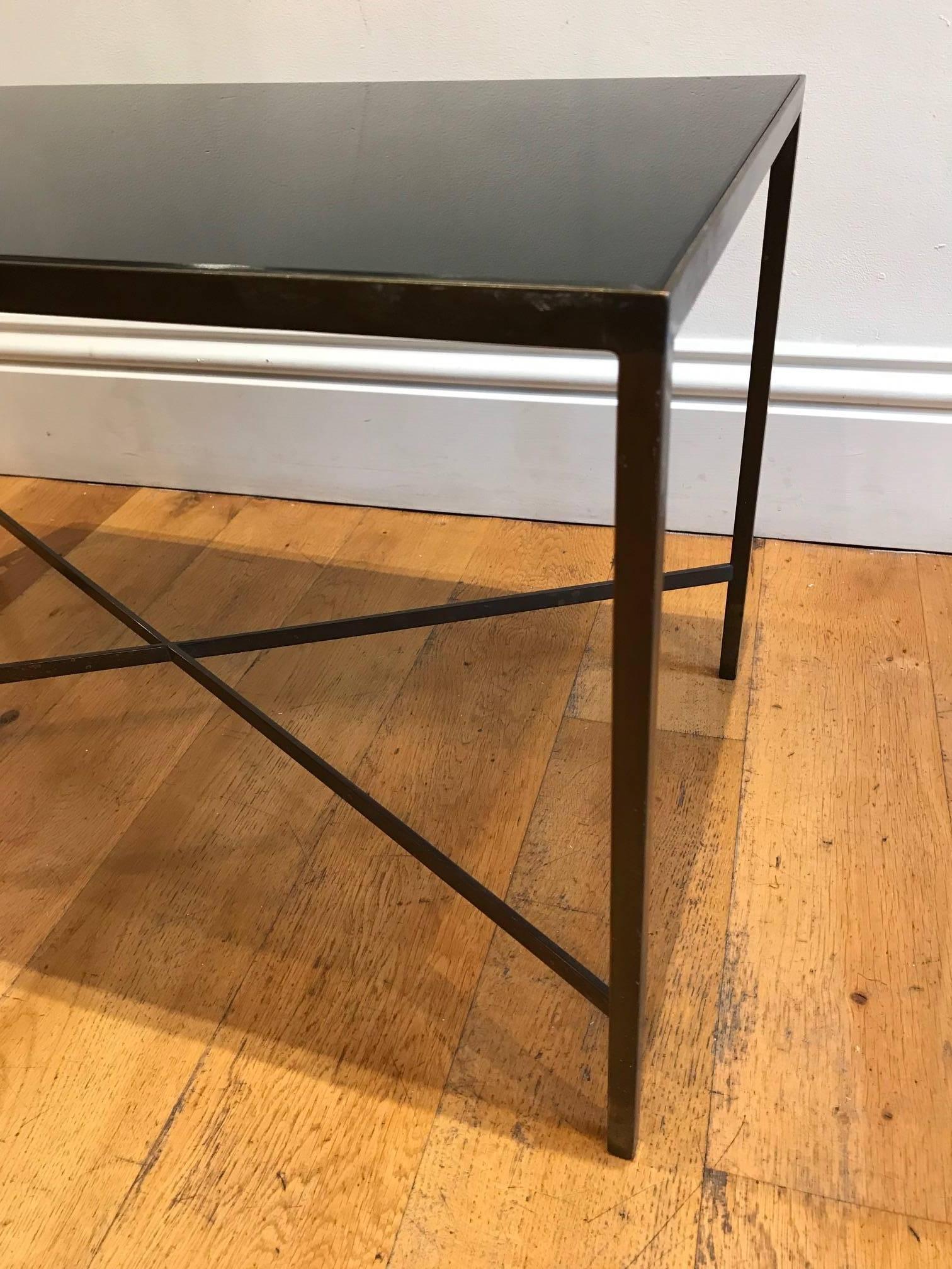 Mid-Century Modern French Bronze Metal and Black Glass Coffee Table, circa 1960s