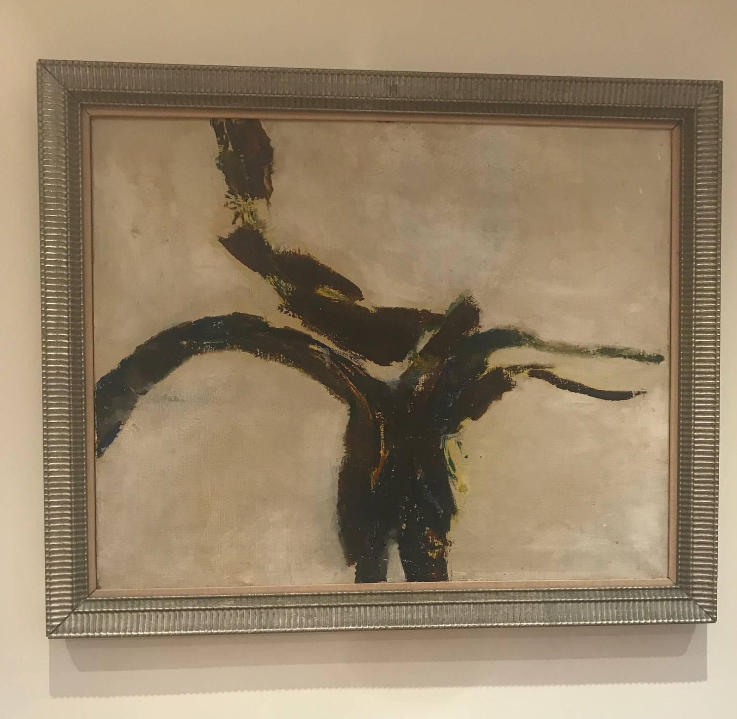 A powerful abstract oil on canvas framed in a carved silvered wooden frame. The painting is signed, dated and titled verso. Charlotte Jennings 1959 "Liquid Moon Roma".
Jennings was a painter in oil, acrylic and sand and was born in London,
