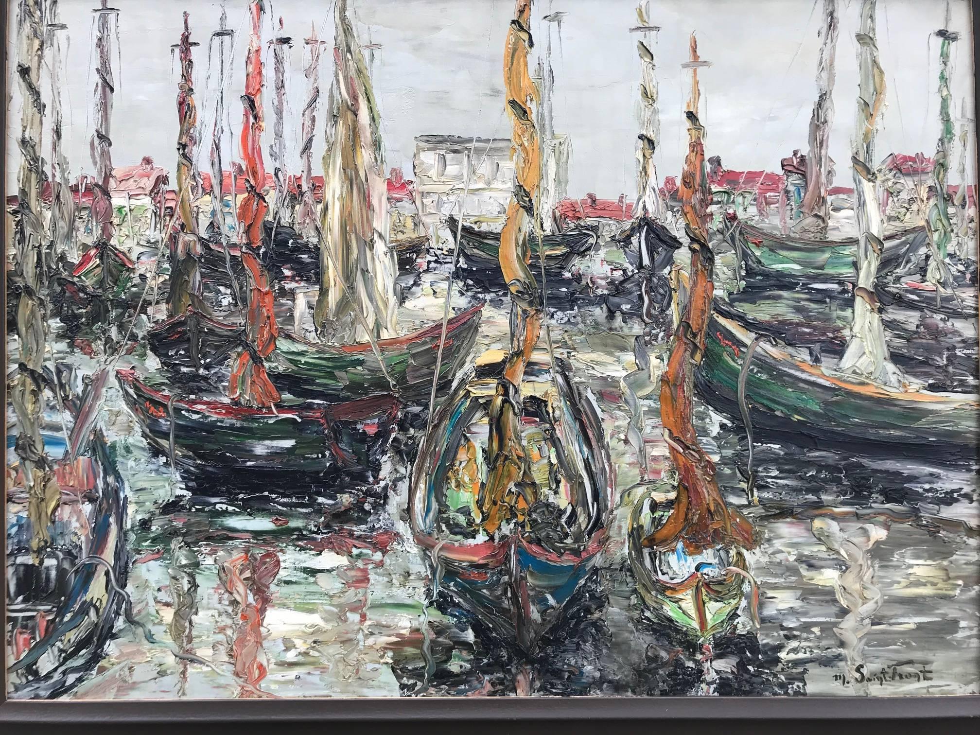 A post expressionist style oil on canvas of the Port of Marseille by the French artist Yves de Saint Front. Born in Paris in 1928, he died in 2011. Studied under the Cubist painter Jean Souverbie at the Ecole Nationale des Arts Superieure from 1949.