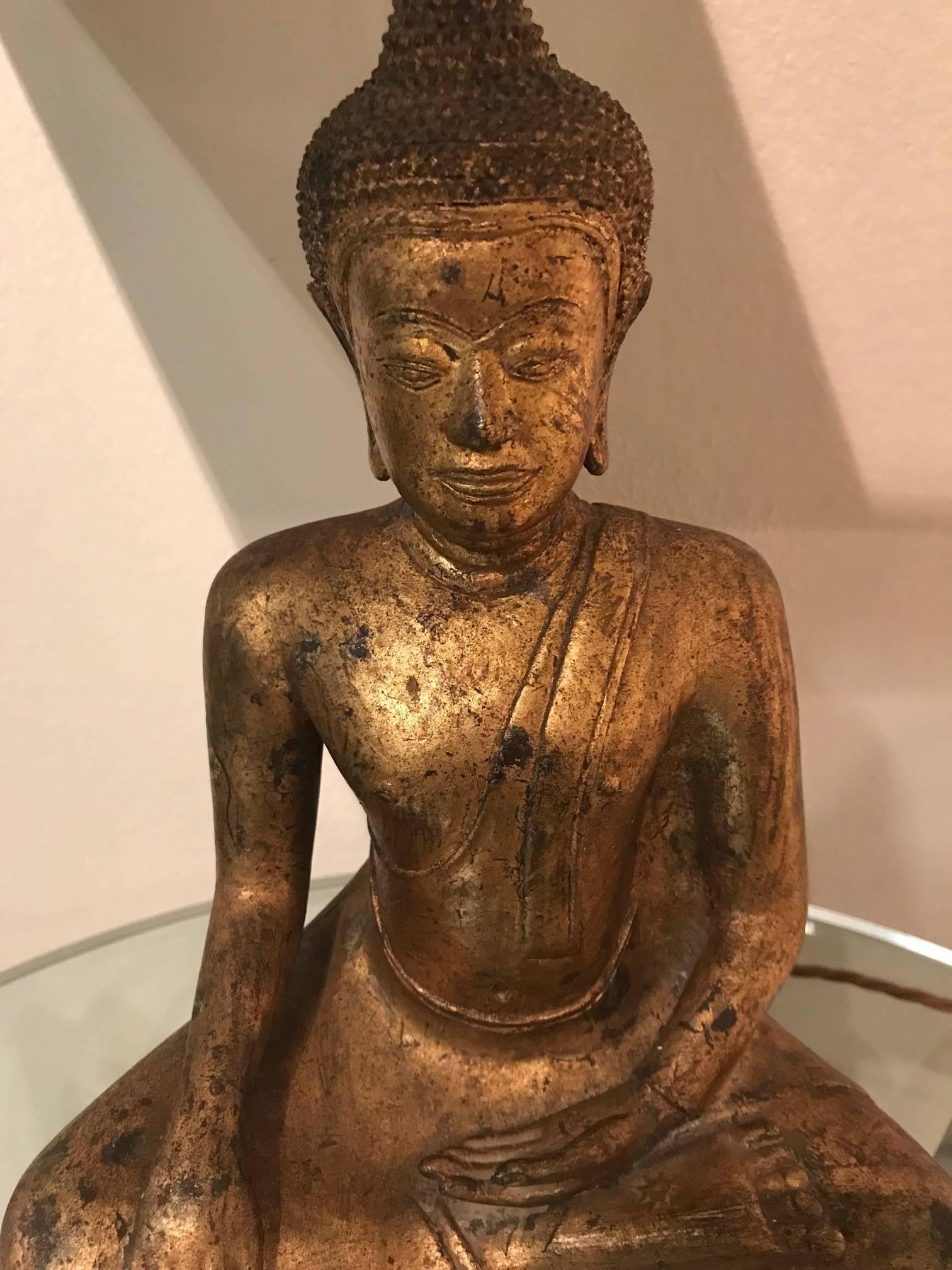 Late 20th Century French 1970s Gilded Metal Seated Buddha Lamp For Sale