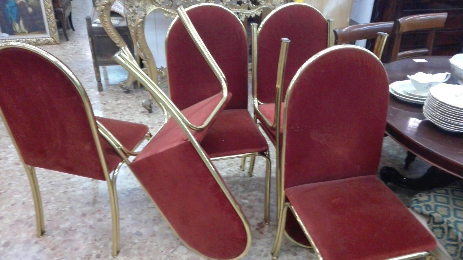 Very exclusive set of six chairs Romeo Rega, Italy, 1970 in brass-plated metal structure, seat and backrest padded and lined in red velvet fabric. Very good condition.