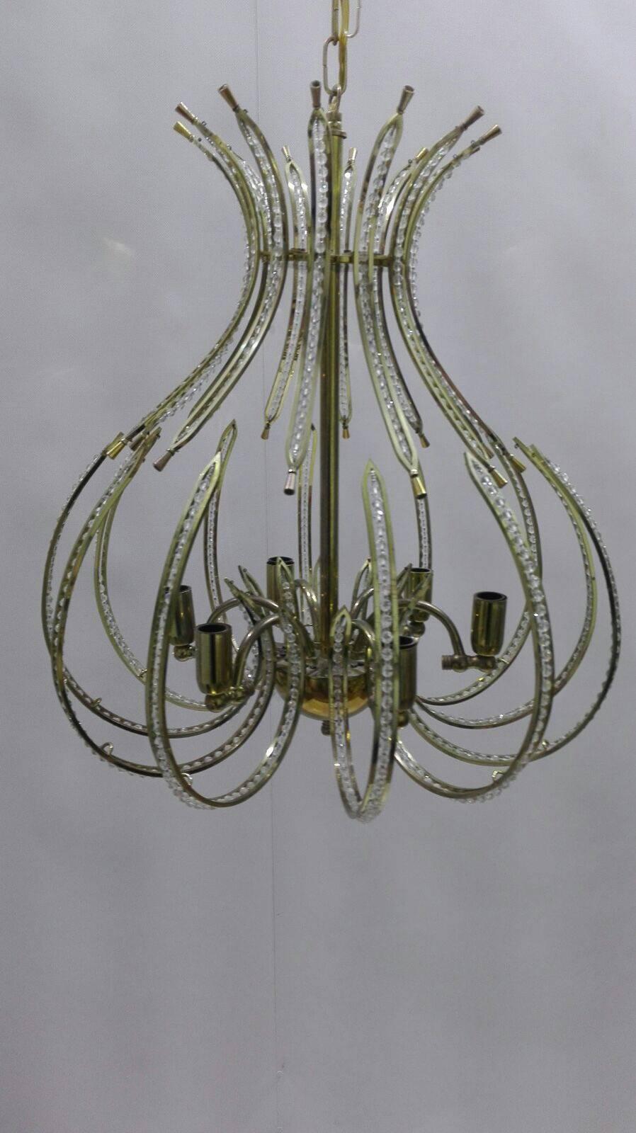 Pair of Brass and Crystal Chandeliers from the Ceiling, 20th Century For Sale 3