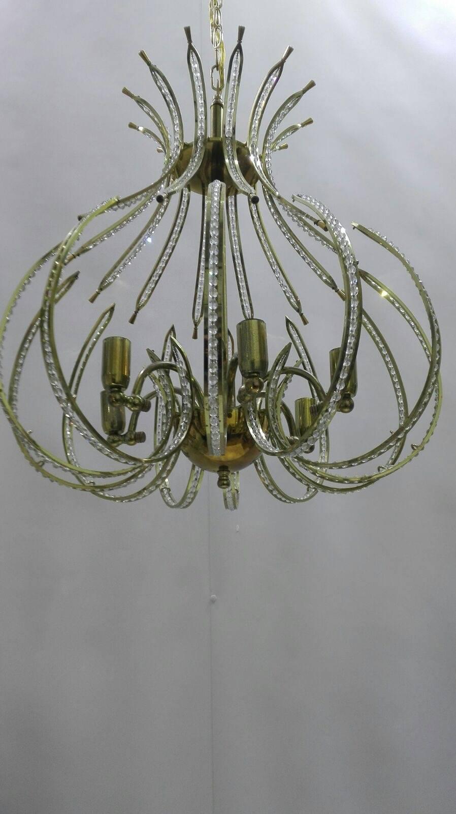 Mid-Century Modern Pair of Brass and Crystal Chandeliers from the Ceiling, 20th Century For Sale