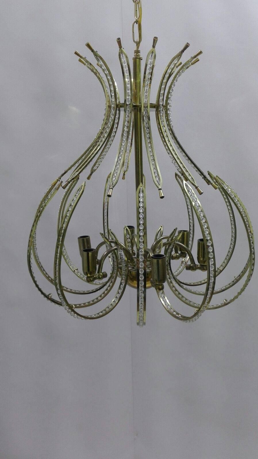 Pair of Brass and Crystal Chandeliers from the Ceiling, 20th Century For Sale 2