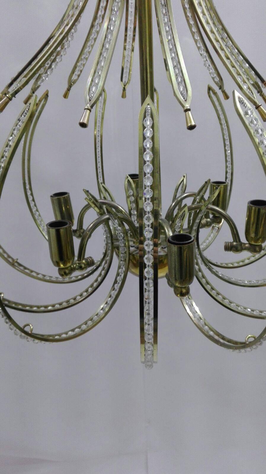 Pair of Brass and Crystal Chandeliers from the Ceiling, 20th Century For Sale 1