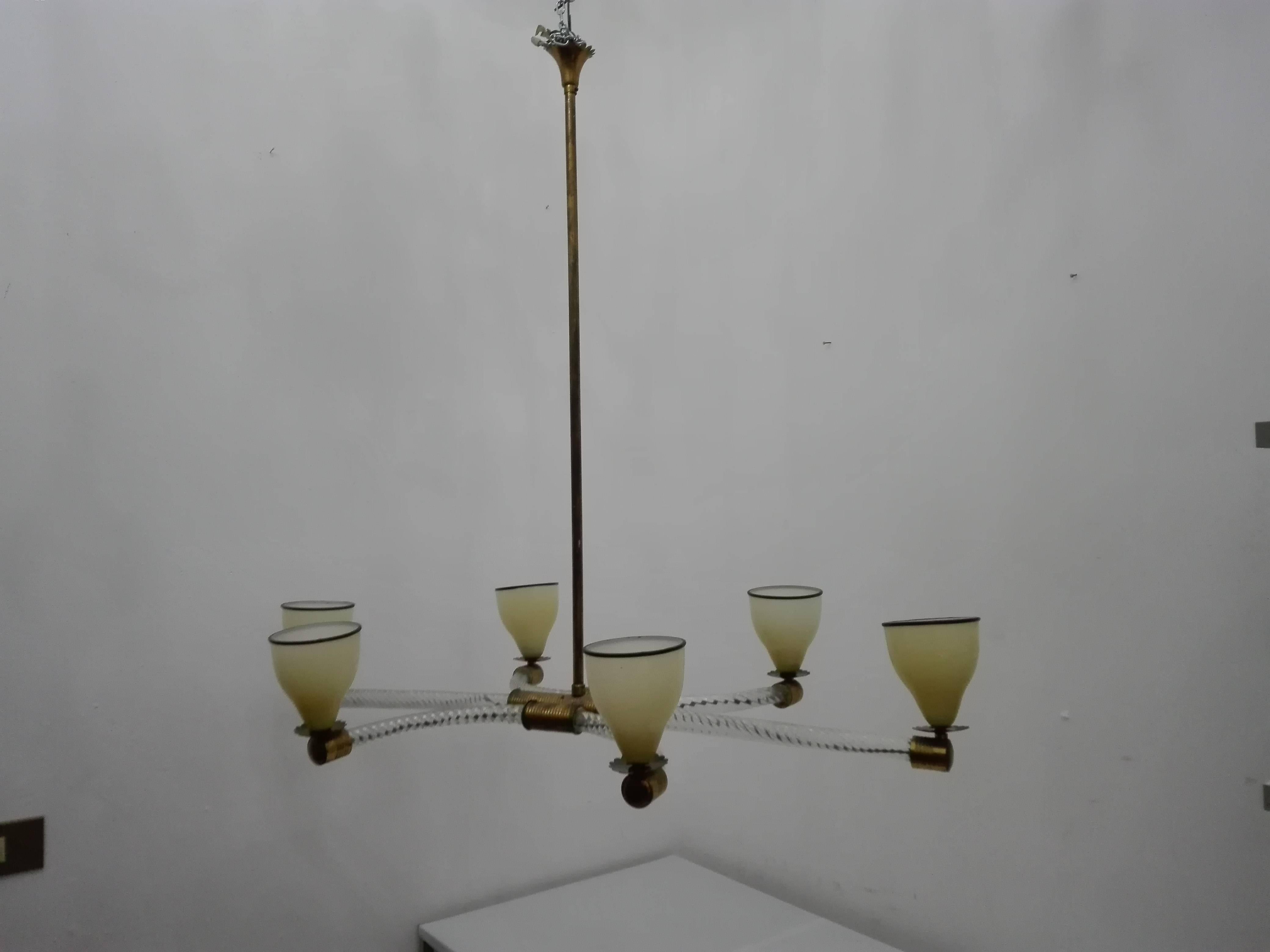 Murano Glass Glass and Brass Chandelier, Venini, Italy For Sale