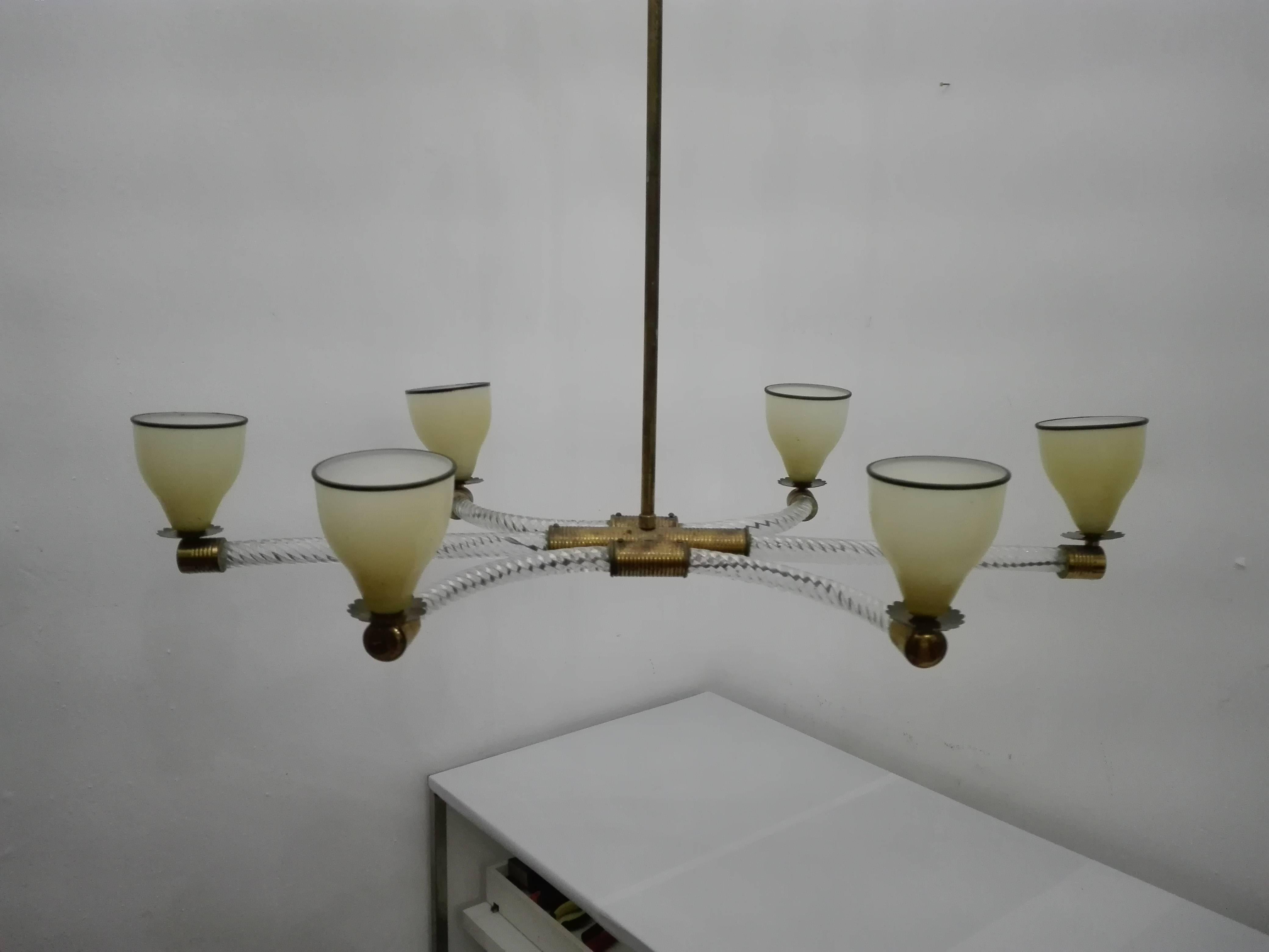 Mid-Century Modern Glass and Brass Chandelier, Venini, Italy For Sale