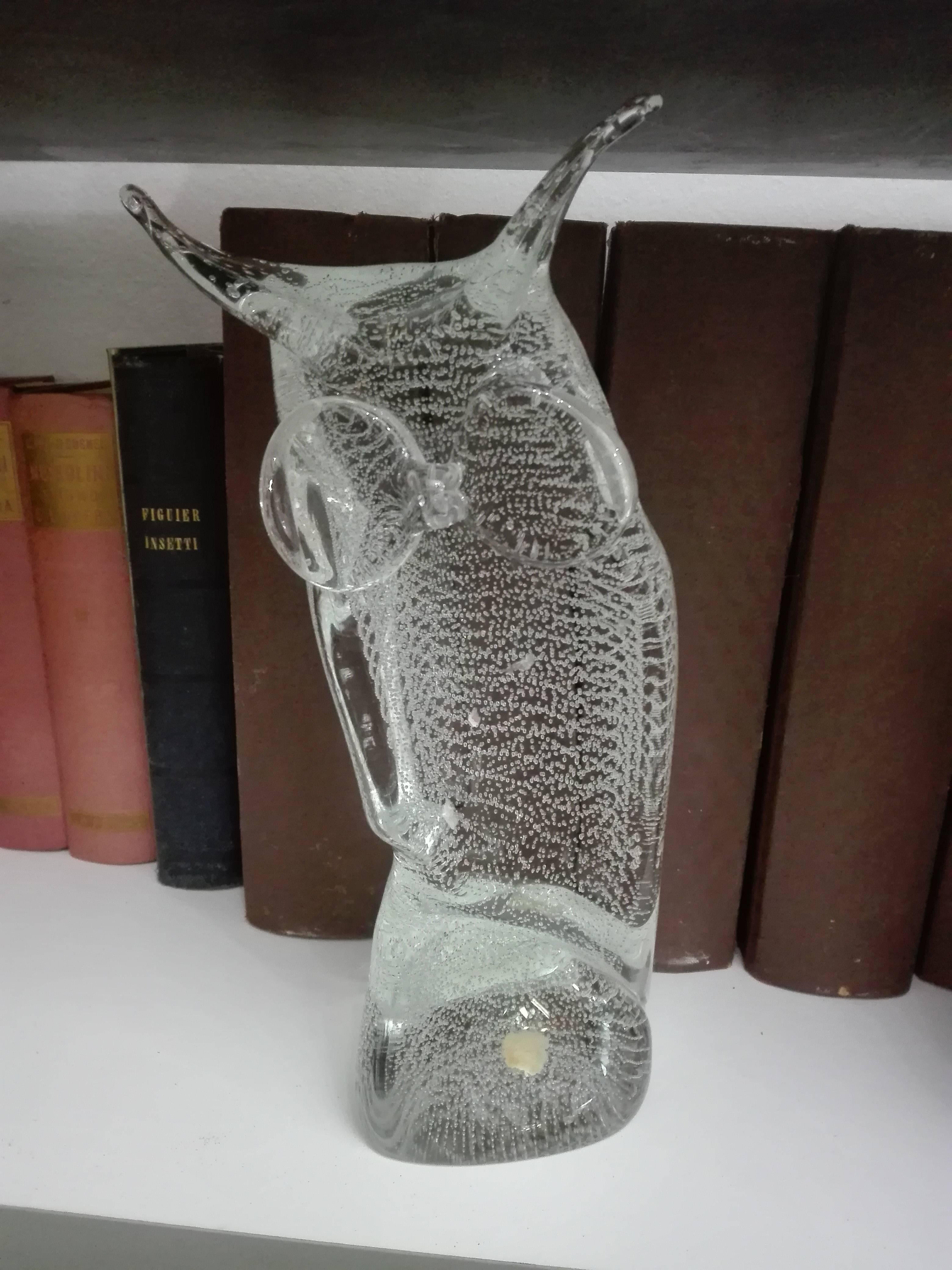 Late 20th Century Licio Zanetti Murano Glass Owl with Bubbles For Sale