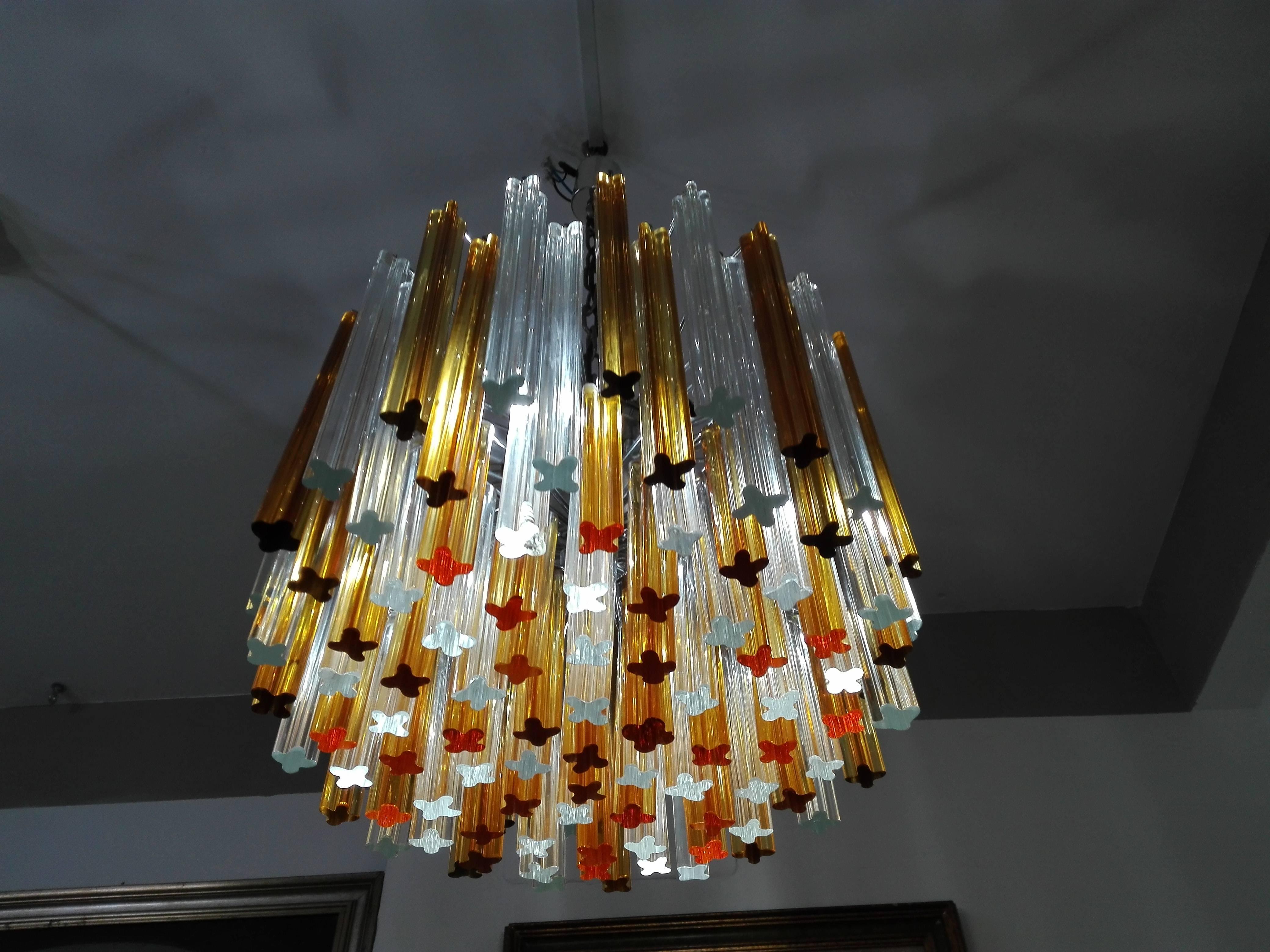 Murano Glass Pair of Midcentury Italian Chandeliers by Venini with Waterfall Prisms