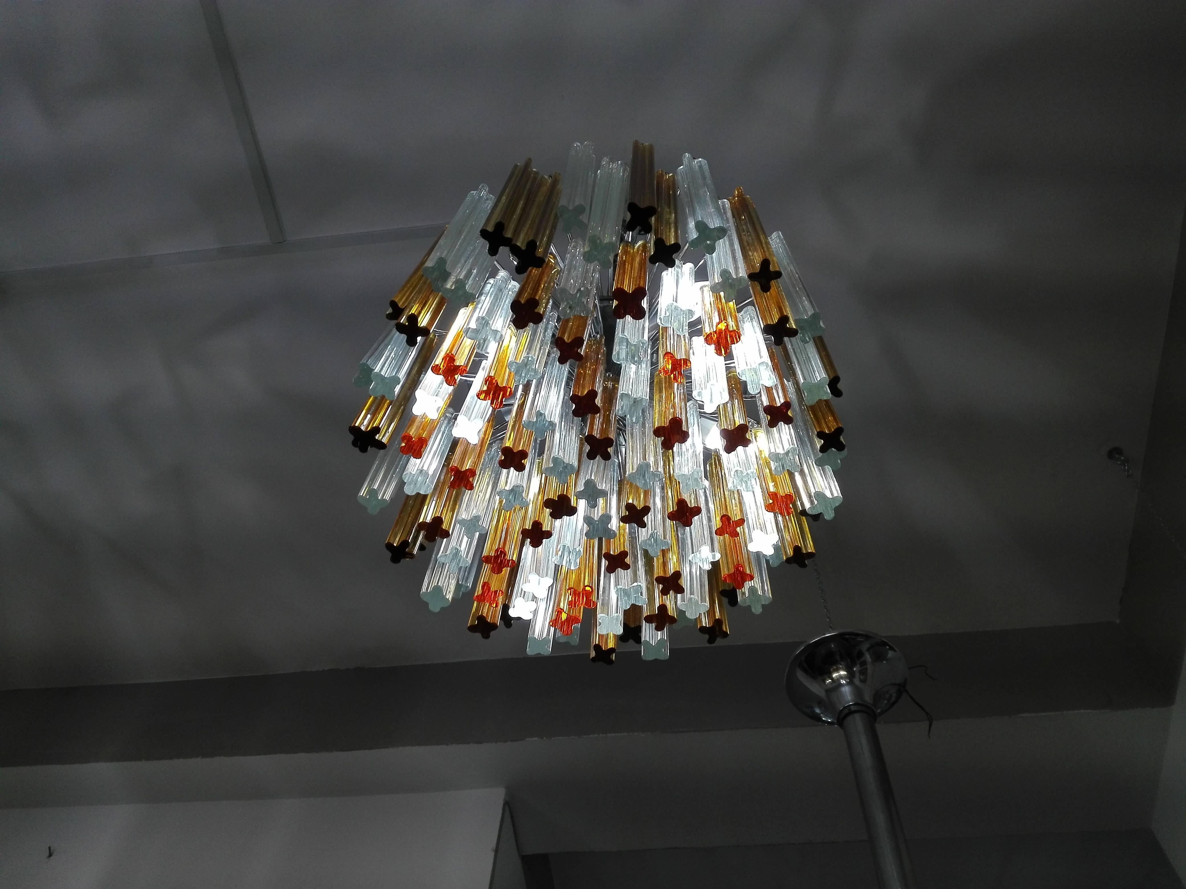 Hand-Crafted Pair of Midcentury Italian Chandeliers by Venini with Waterfall Prisms